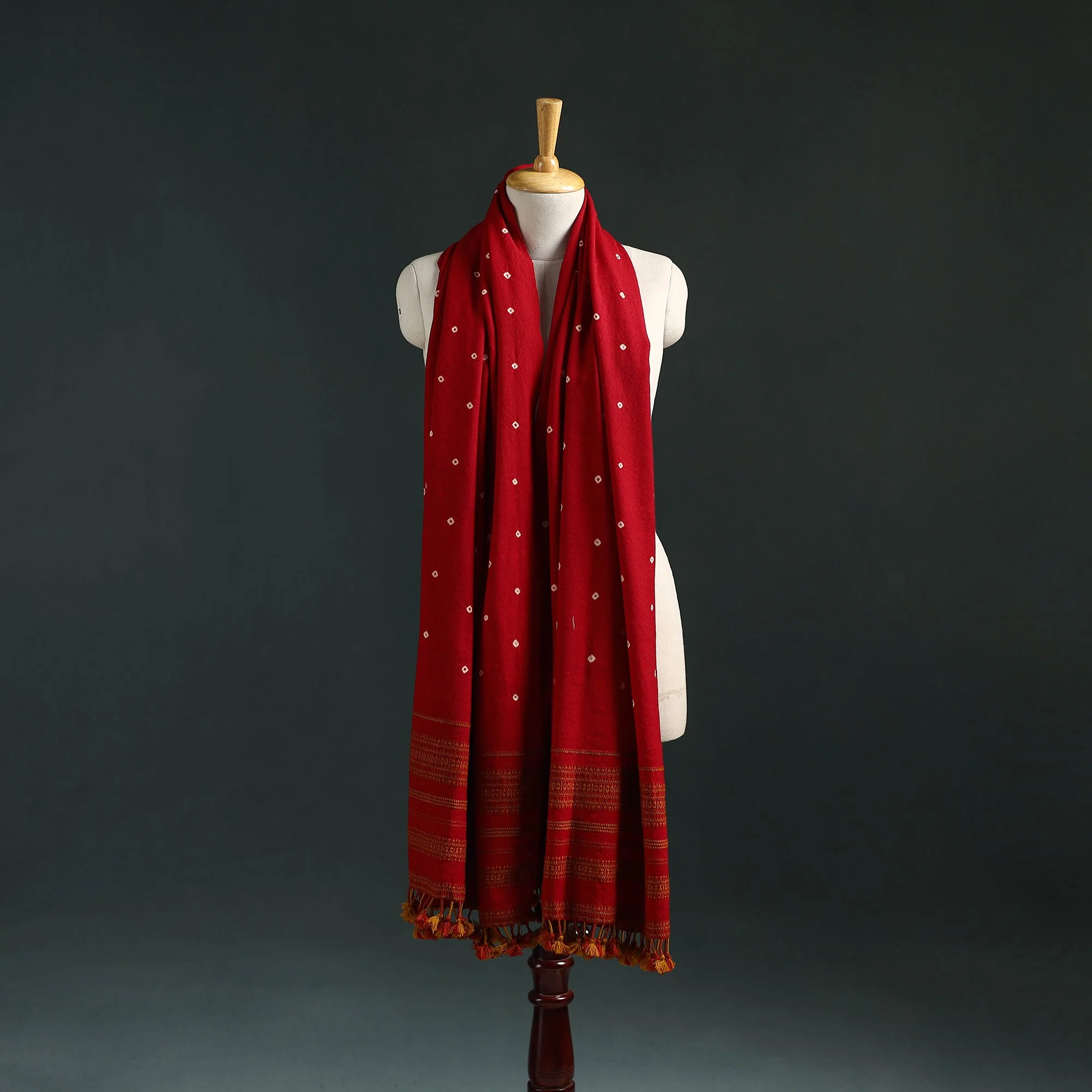 Red - Kutch Bandhani Tie-Dye Handwoven Merino Wool Shawl 13 - Image 5