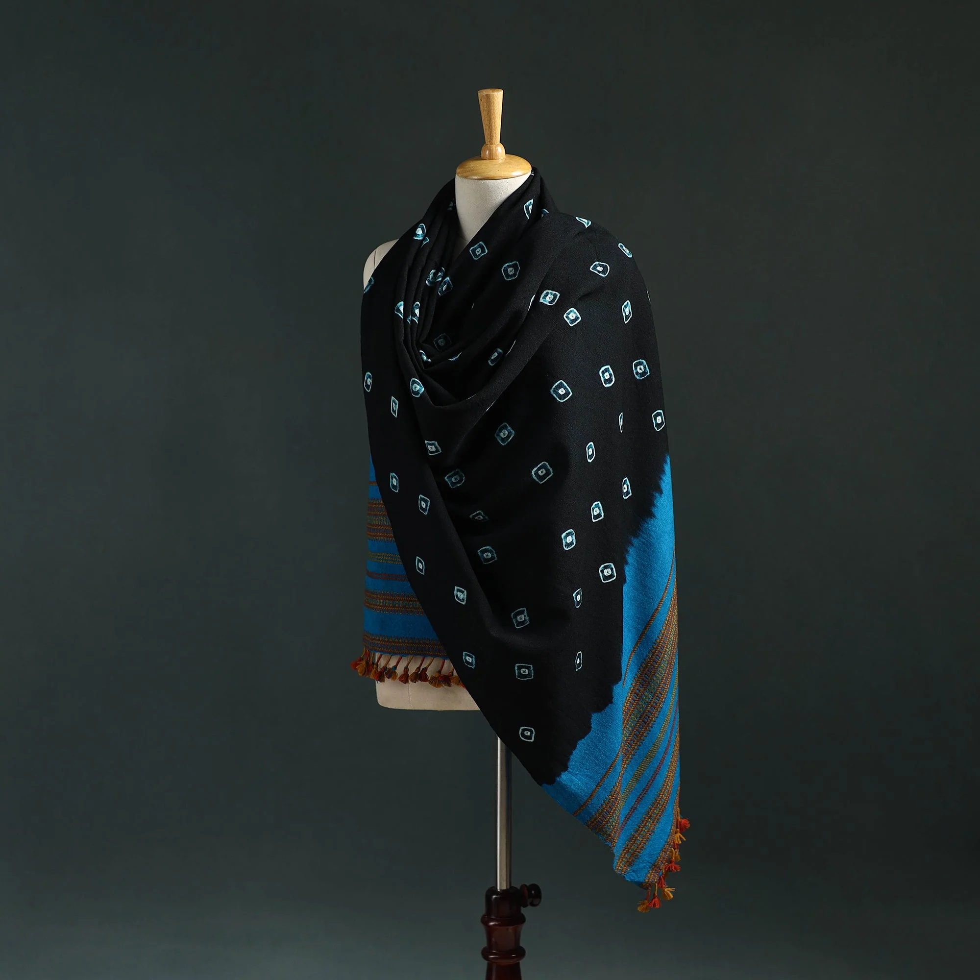 Black - Kutch Bandhani Tie-Dye Handwoven Merino Wool Shawl 17