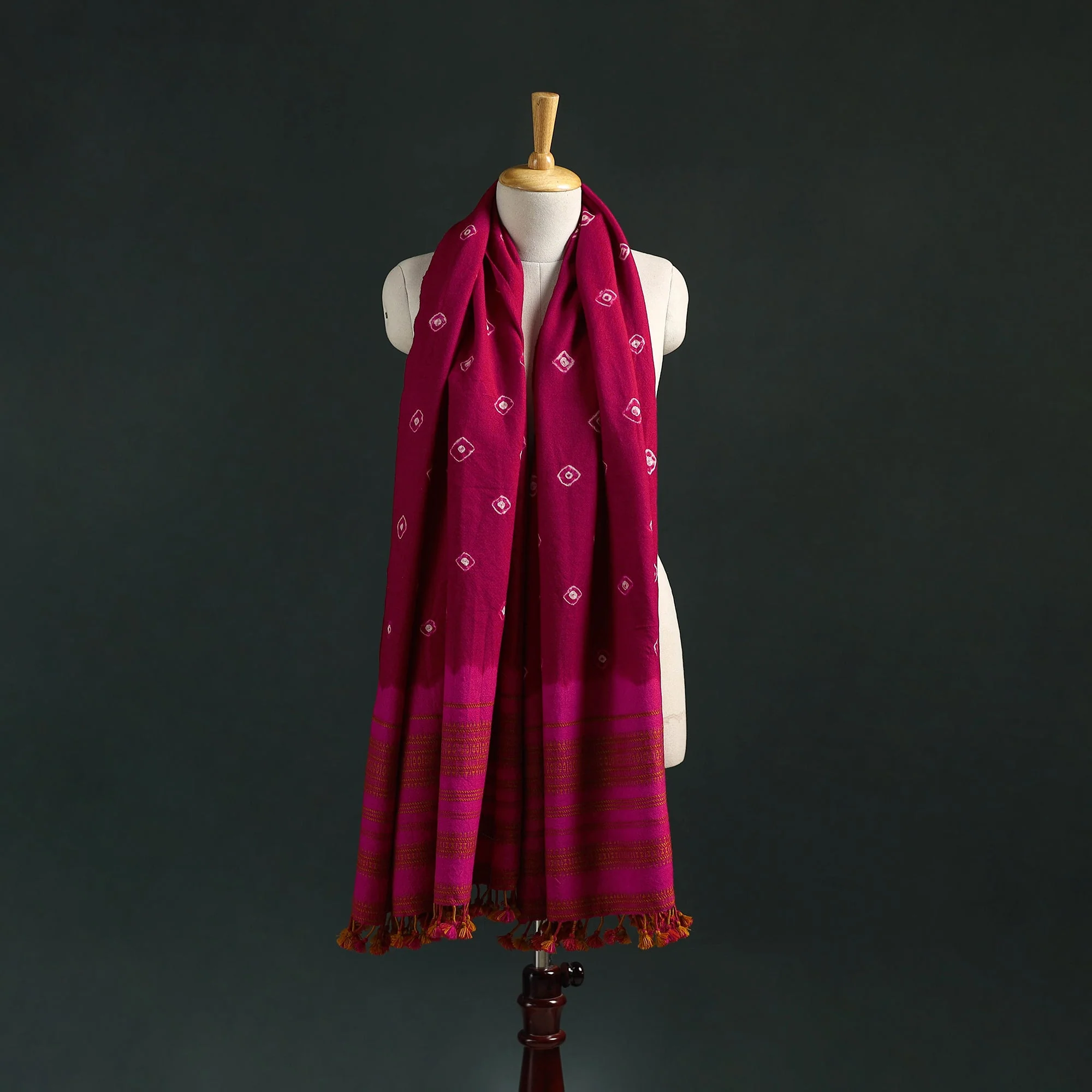 Pink - Kutch Bandhani Tie-Dye Handwoven Merino Wool Shawl 33 - Image 5