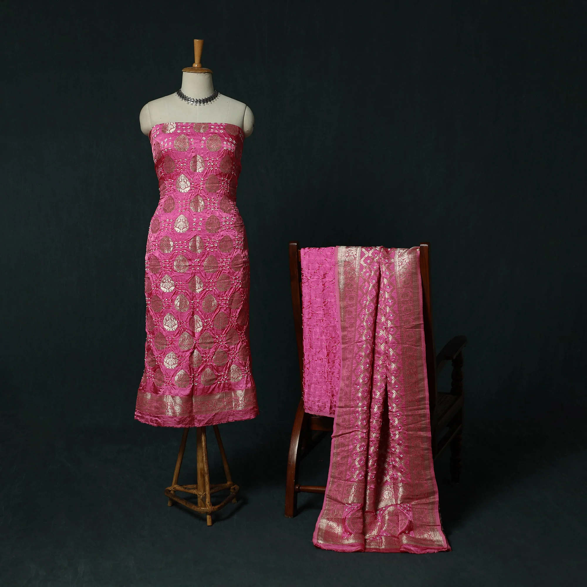 Kutch Bandhani Tie-Dye Modal Silk Banarasi Zari 3pc Unstitched Dress Material Suit Set 11 - Image 2