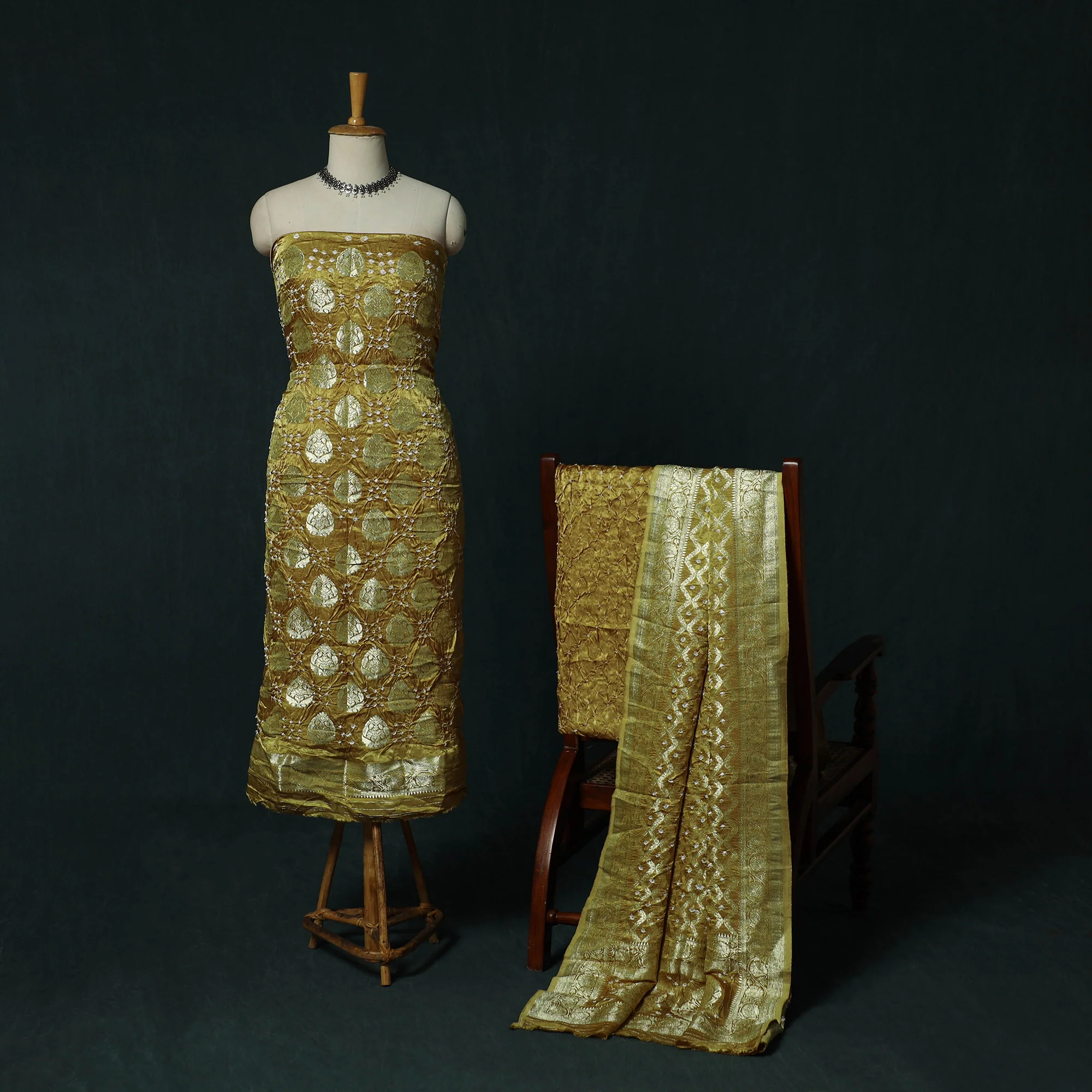 Kutch Bandhani Tie-Dye Modal Silk Banarasi Zari 3pc Unstitched Dress Material Suit Set 12 - Image 2