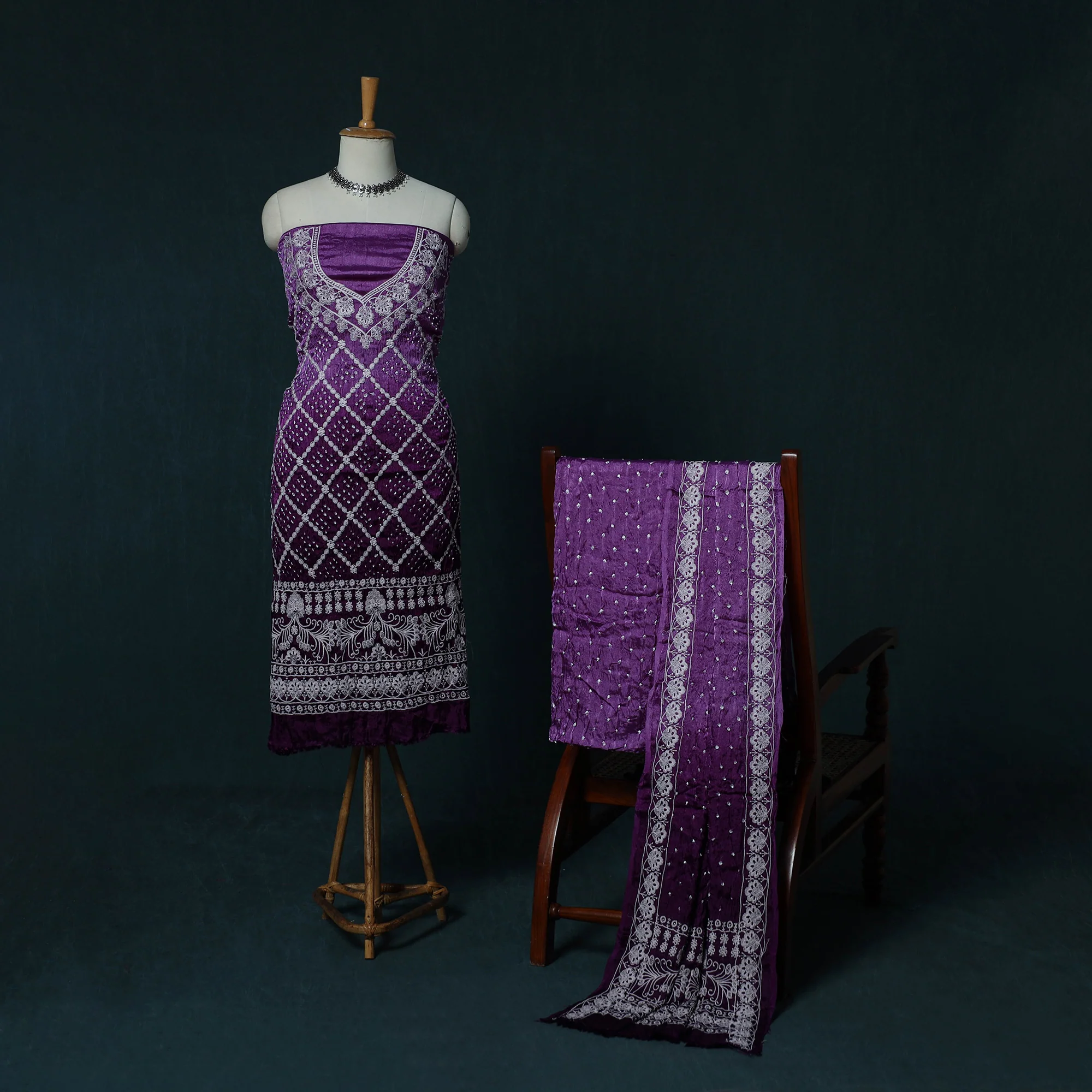 Kutch Bandhani Tie-Dye Modal Silk Embroidered 3pc Unstitched Dress Material Suit Set 29 - Image 2