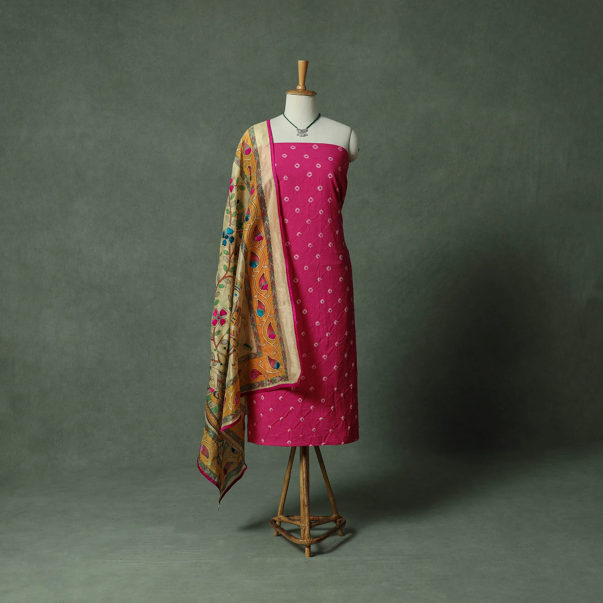 Kutch Bandhani Tie-Dye Pure Mul Cotton 2pc Unstitched Dress Material Kurta Set with Jewellery 12