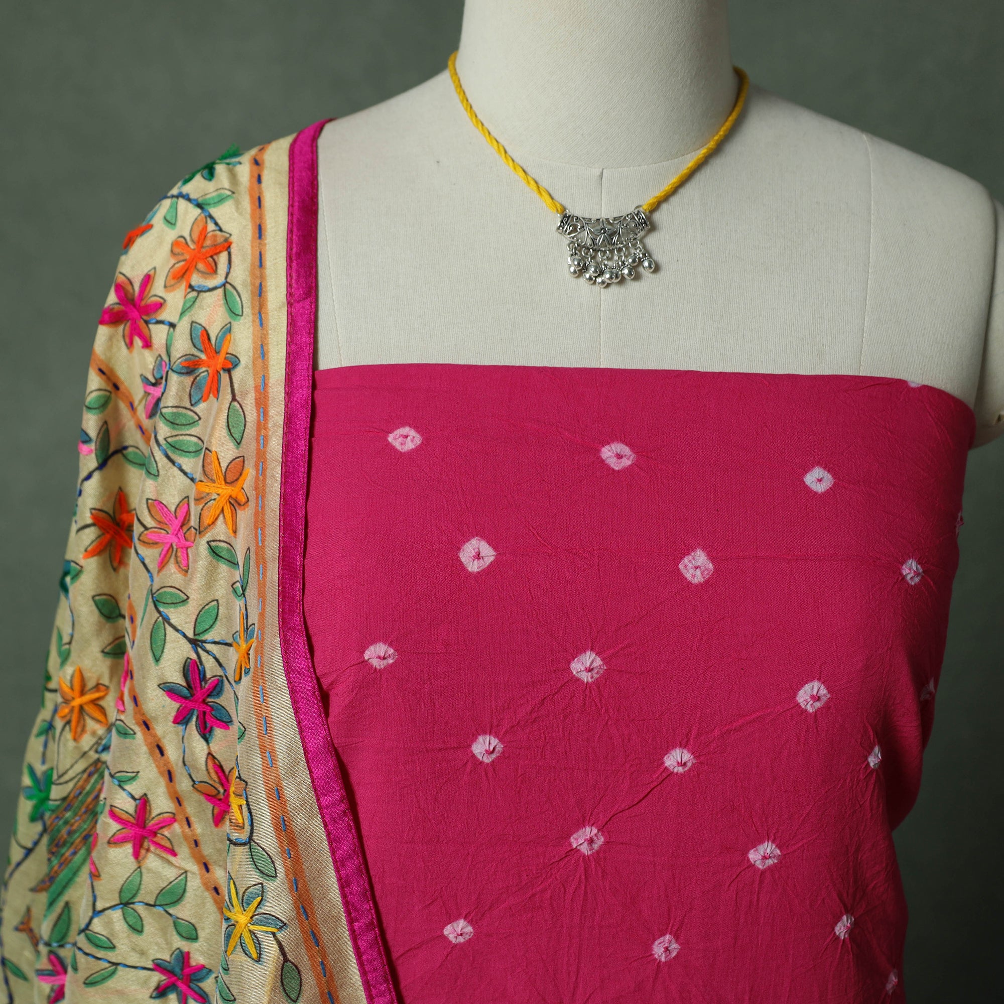 Kutch Bandhani Tie-Dye Pure Mul Cotton 2pc Unstitched Dress Material Kurta Set with Jewellery 19 - Image 2