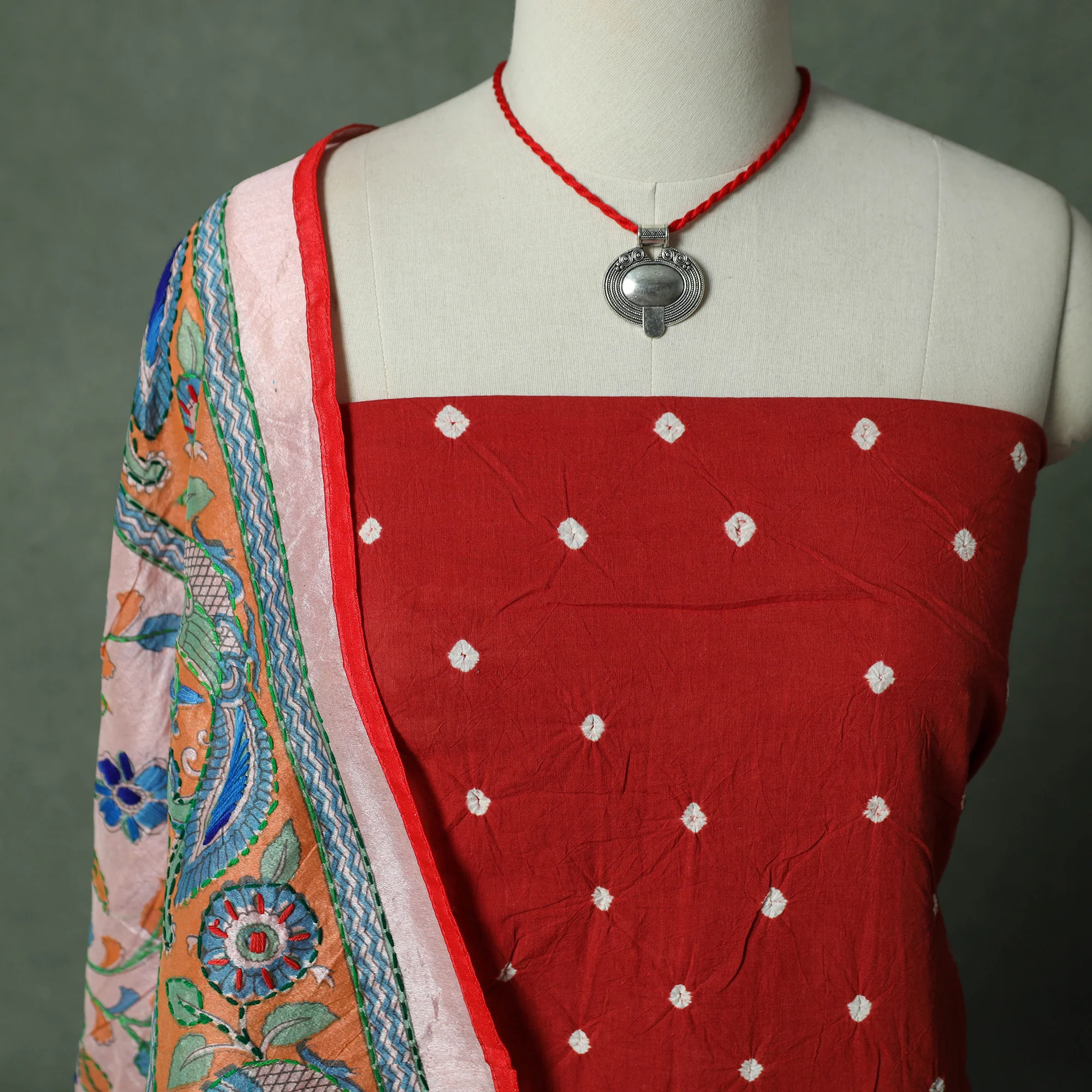 Kutch Bandhani Tie-Dye Pure Mul Cotton 2pc Unstitched Dress Material Kurta Set with Jewellery 21 - Image 2