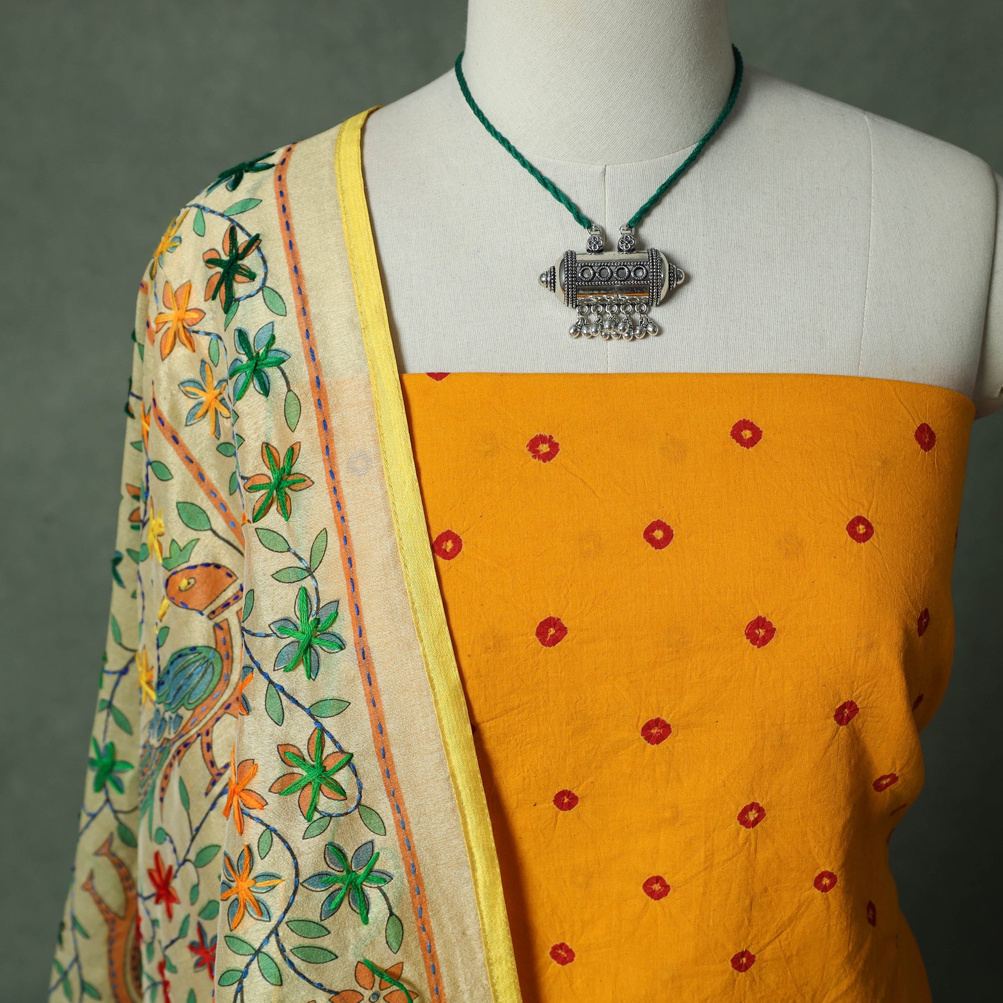 Kutch Bandhani Tie-Dye Pure Mul Cotton 2pc Unstitched Dress Material Kurta Set with Jewellery 31 - Image 2