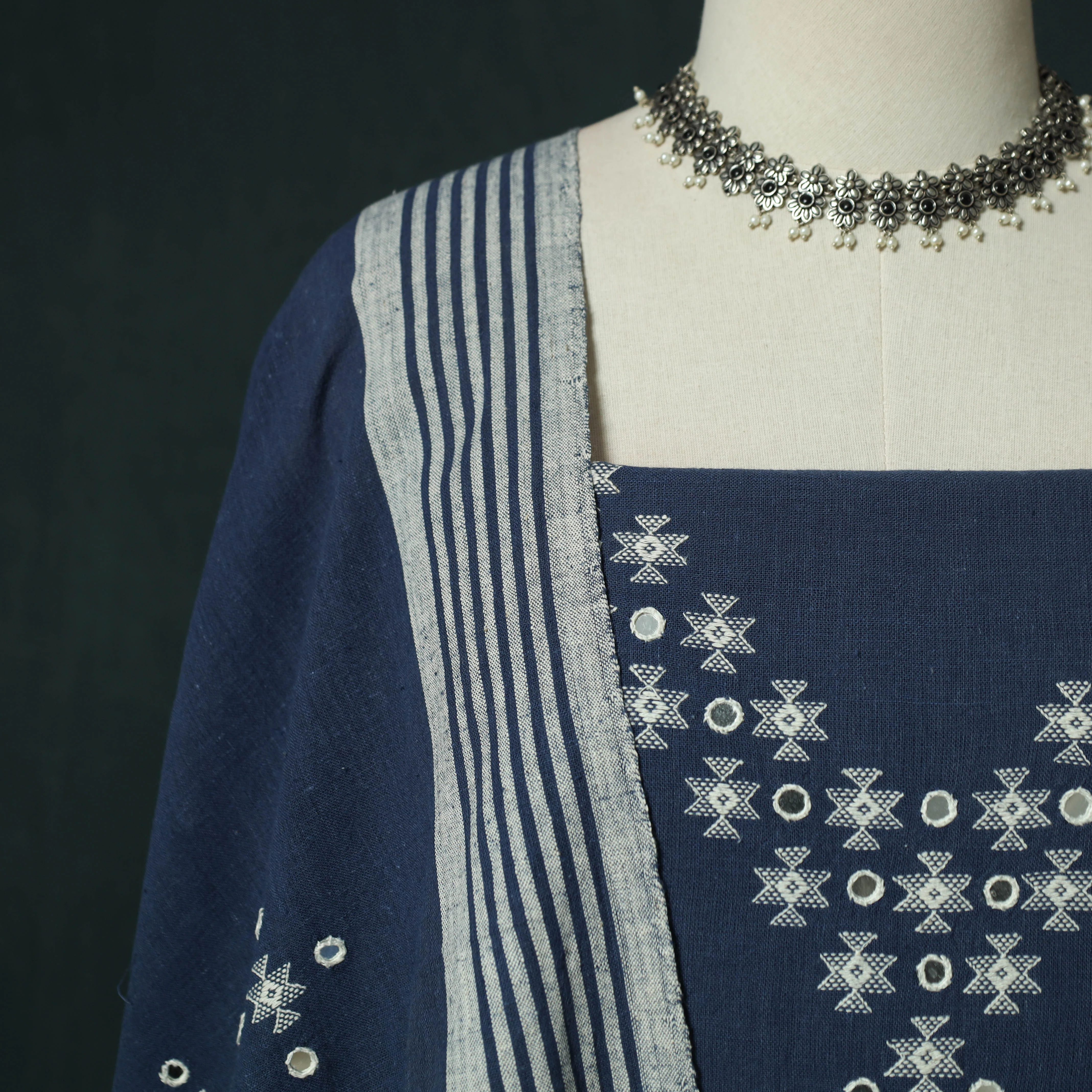 Blue - Kutch Bhujodi Handloom Kala Cotton 3pc Unstitched Dress Material Suit Set 04 - Image 3