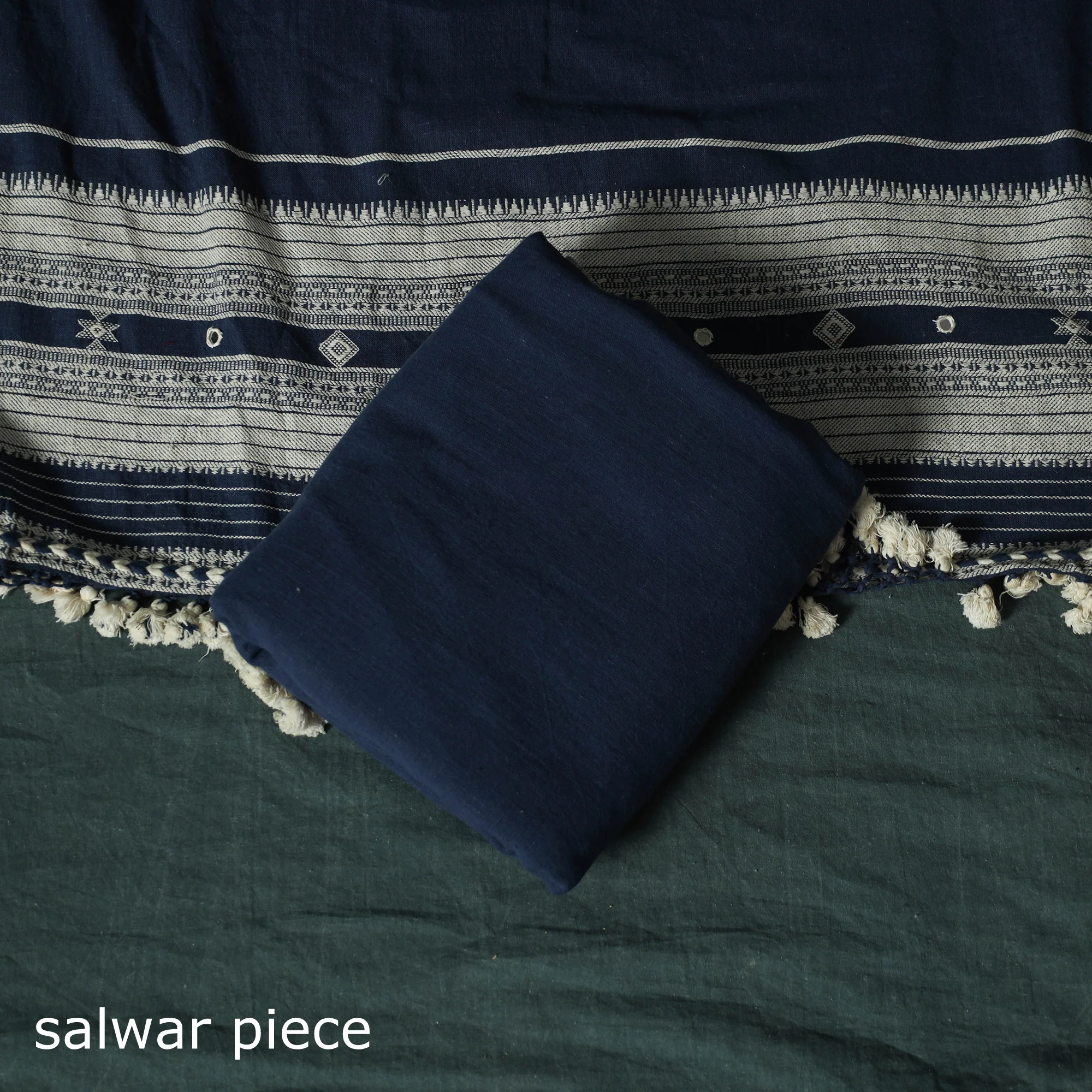 Blue - Kutch Bhujodi Handloom Kala Cotton 3pc Unstitched Dress Material Suit Set 04 - Image 5