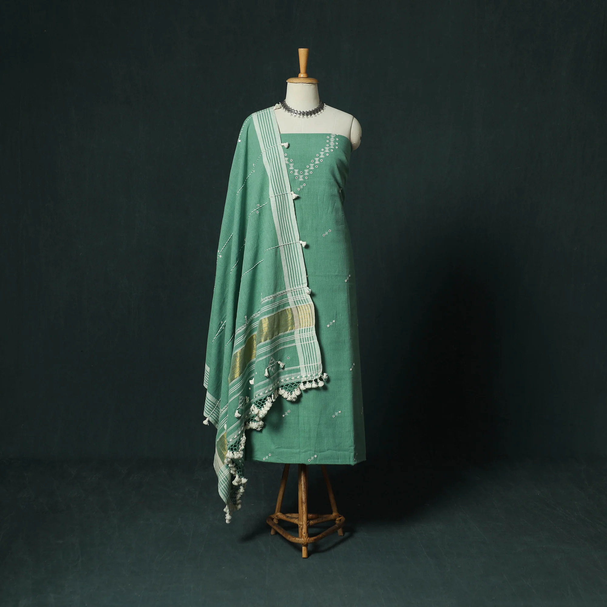 Green - Kutch Bhujodi Handloom Kala Cotton 3pc Unstitched Dress Material Suit Set 14