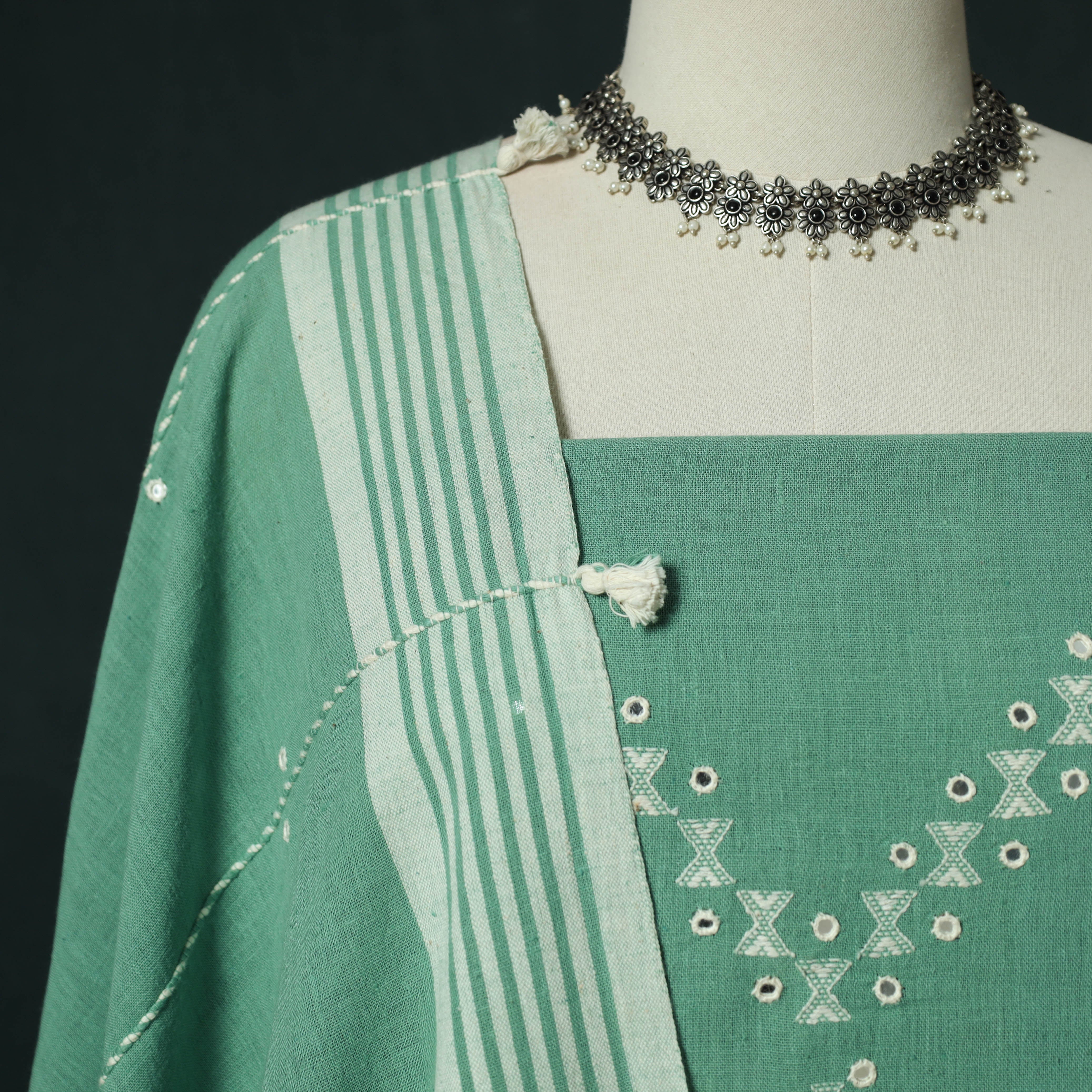 Green - Kutch Bhujodi Handloom Kala Cotton 3pc Unstitched Dress Material Suit Set 14 - Image 3