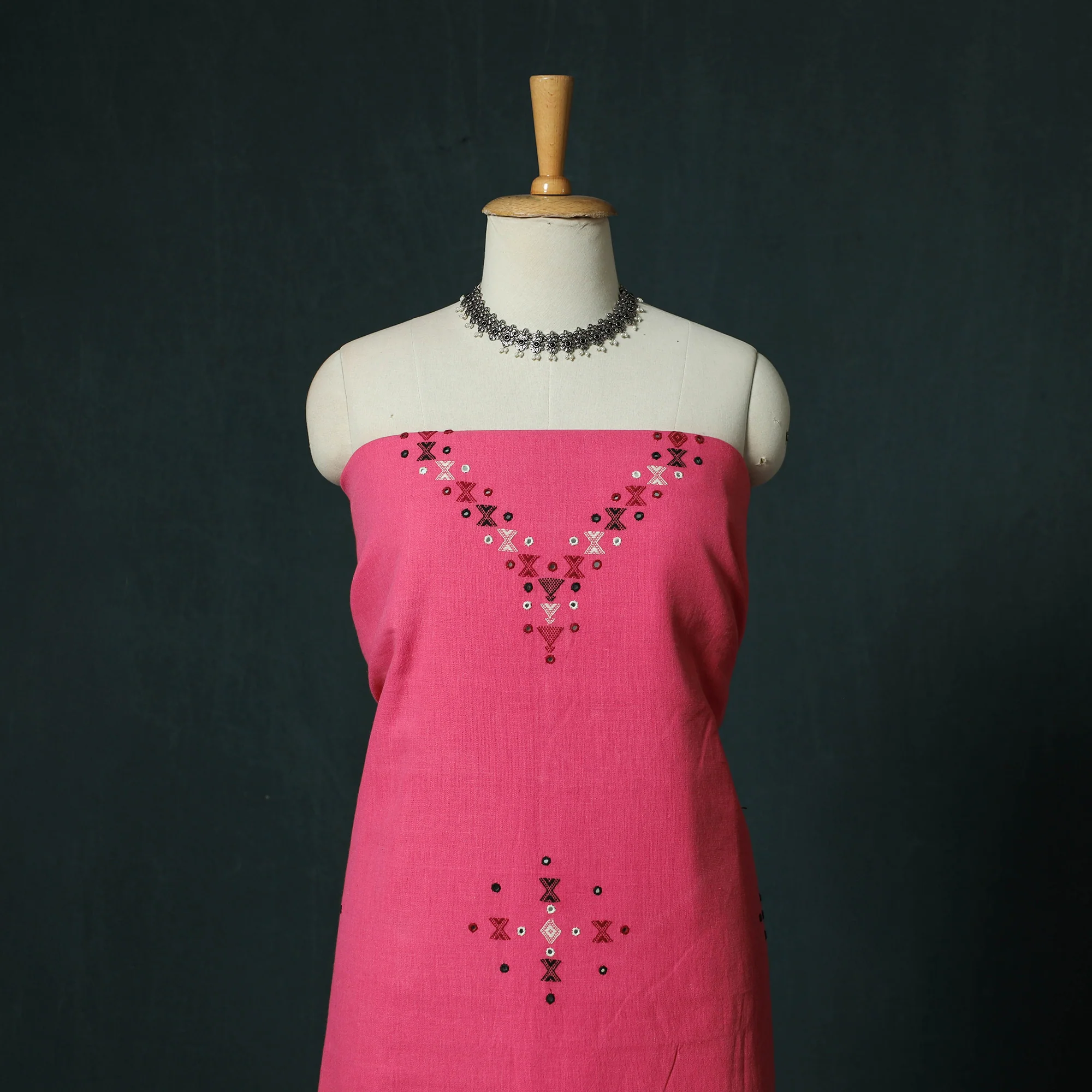Pink - Kutch Bhujodi Handloom Kala Cotton 3pc Unstitched Dress Material Suit Set 27 - Image 2