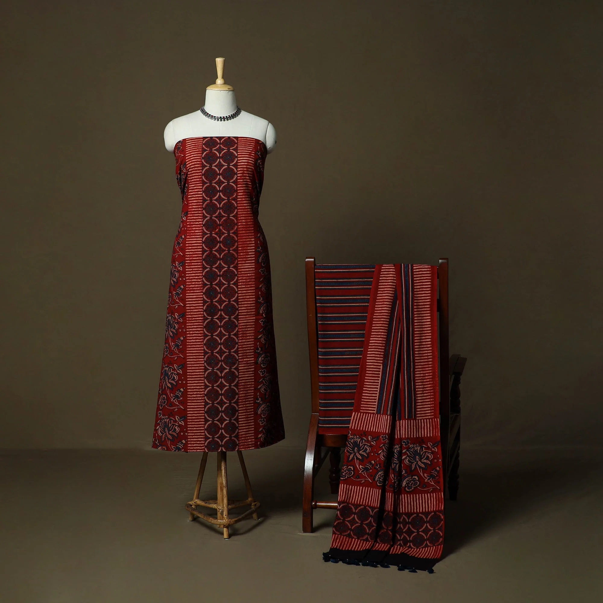 Red - Kutch Hand Block Ajrakh Print Natural Dyed Cotton 3pc Unstitched Dress Material 02