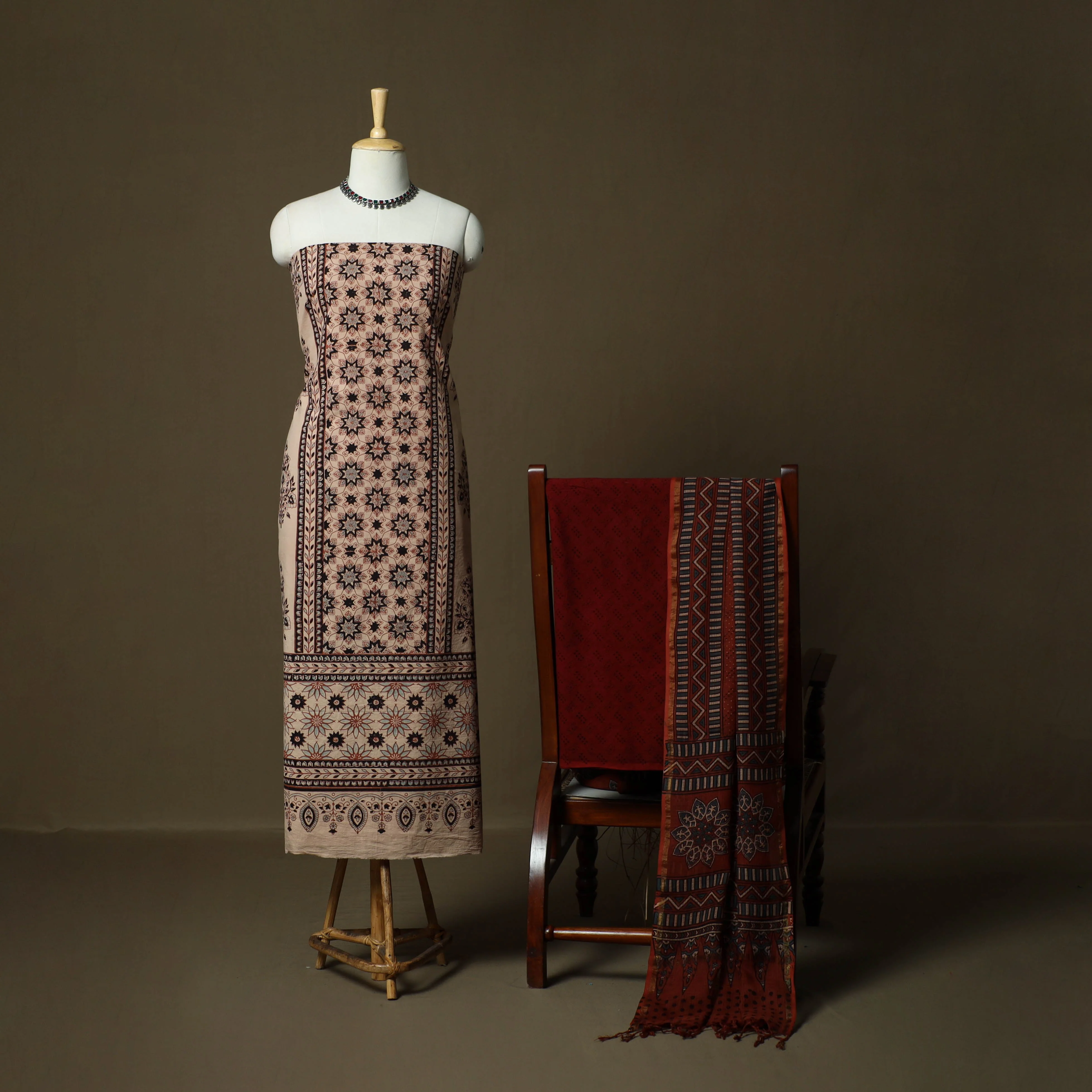 Beige - Kutch Hand Block Ajrakh Print Natural Dyed Cotton 3pc Unstitched Dress Material 15