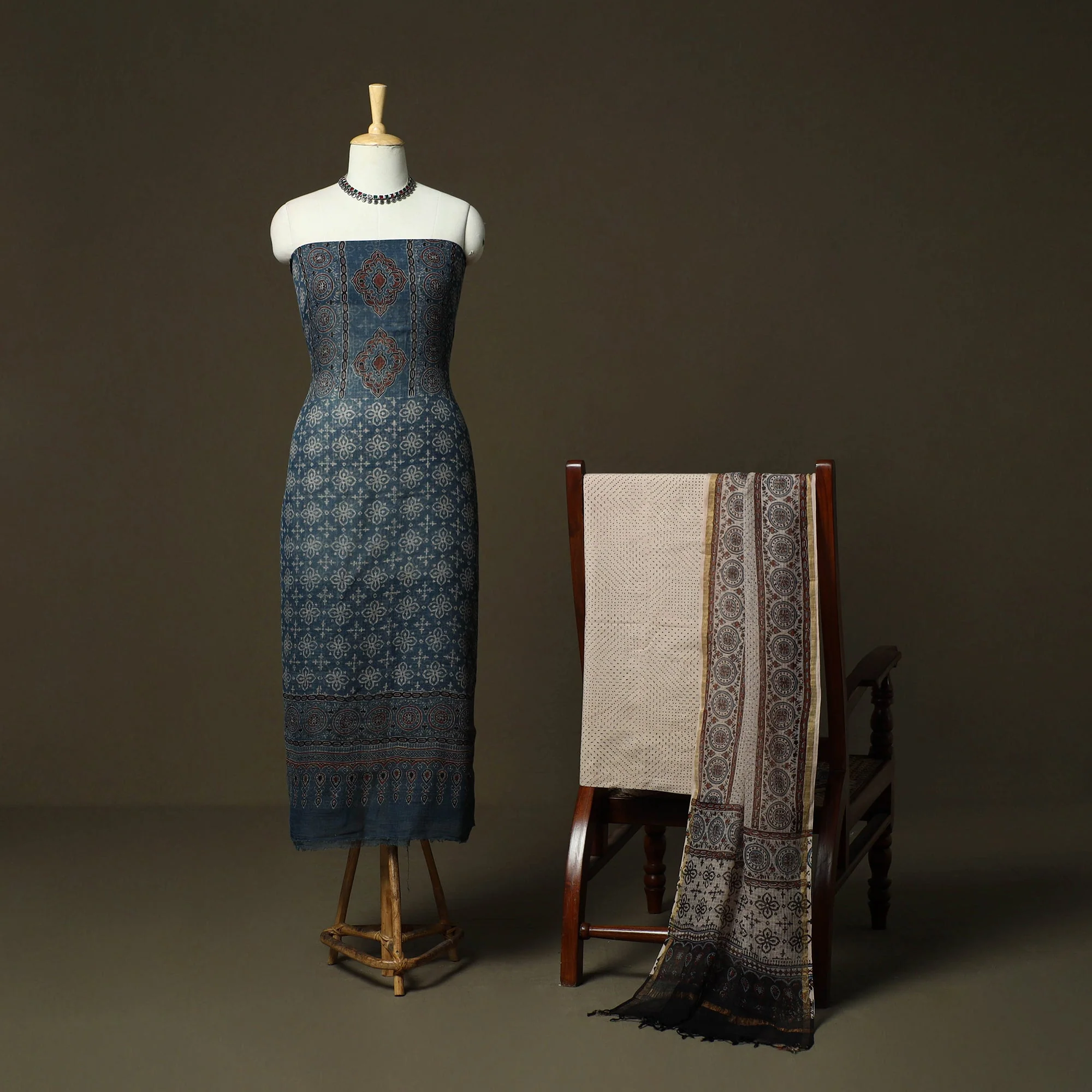 Kutch Hand Block Ajrakh Print Natural Dyed Kota Doria Cotton 3pc Unstitched Dress Material 02