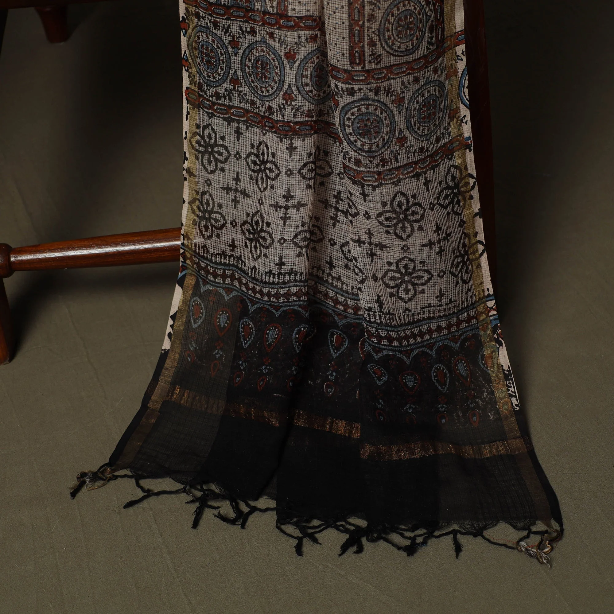 Kutch Hand Block Ajrakh Print Natural Dyed Kota Doria Cotton 3pc Unstitched Dress Material 02 - Image 4