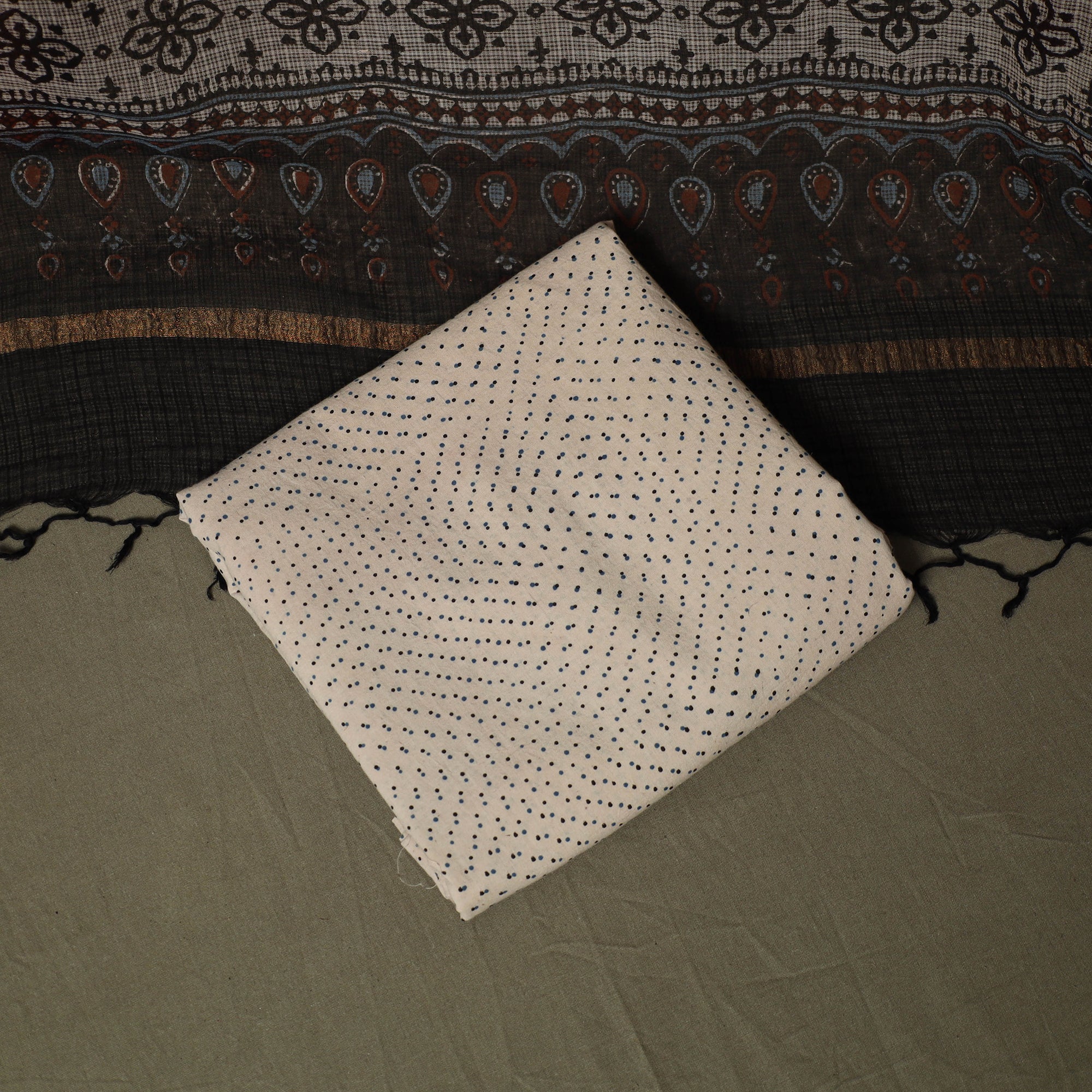 Kutch Hand Block Ajrakh Print Natural Dyed Kota Doria Cotton 3pc Unstitched Dress Material 02 - Image 5