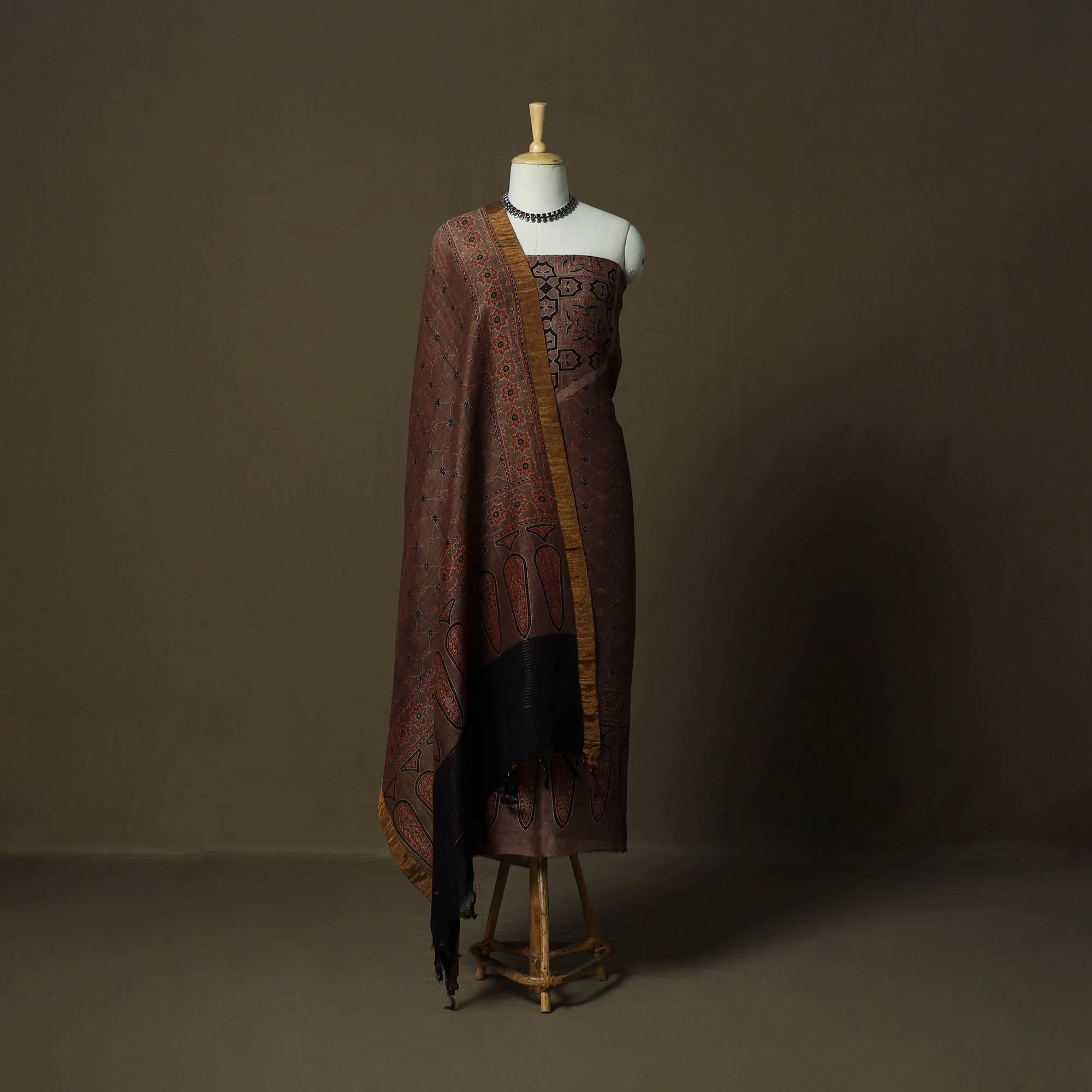Brown - Kutch Hand Block Ajrakh Print Natural Dyed Linen 2pc Unstitched Dress Material 64