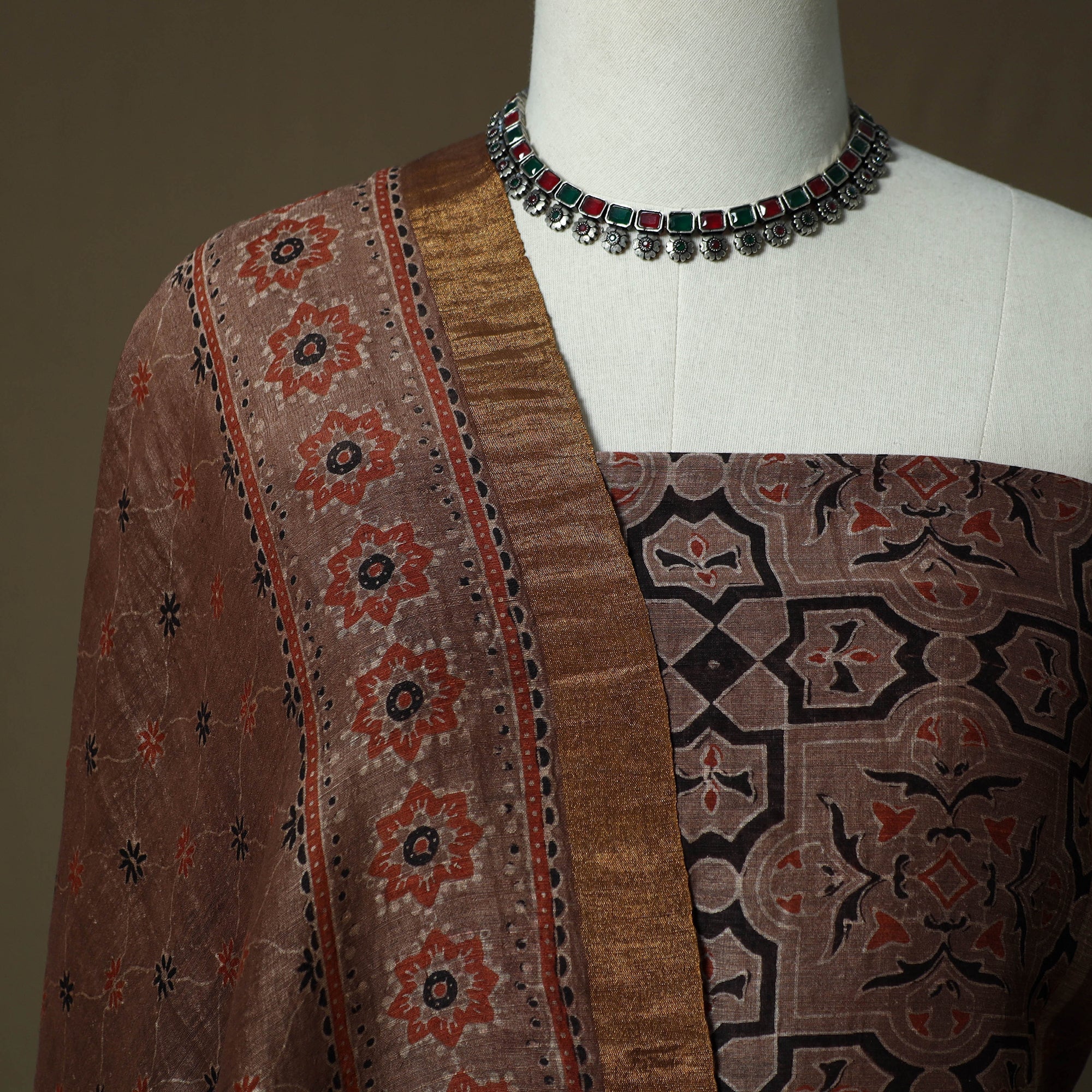Brown - Kutch Hand Block Ajrakh Print Natural Dyed Linen 2pc Unstitched Dress Material 64 - Image 3