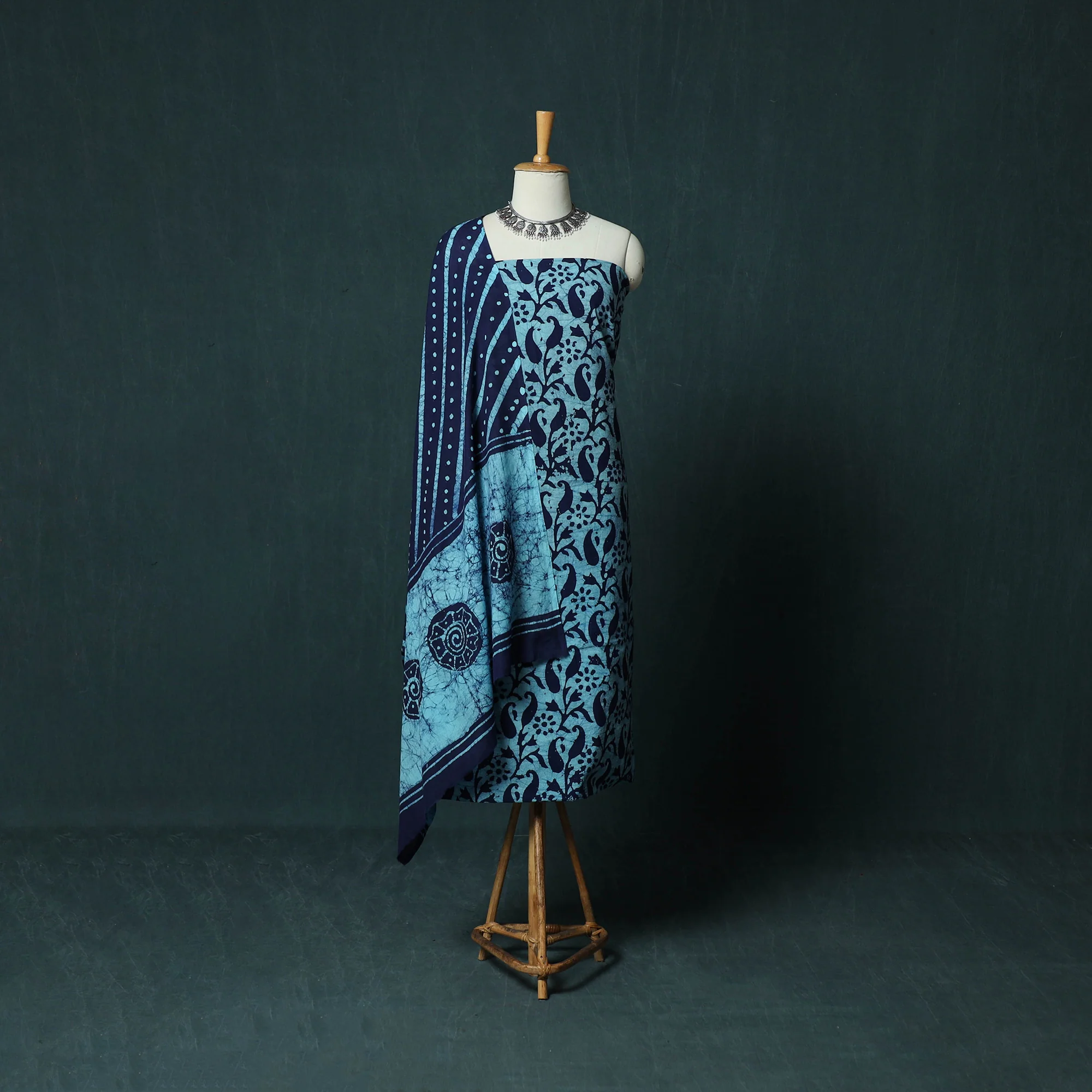 Blue - Kutch Hand Block Batik Print Cotton 3pc Unstitched Dress Material Suit Set 02