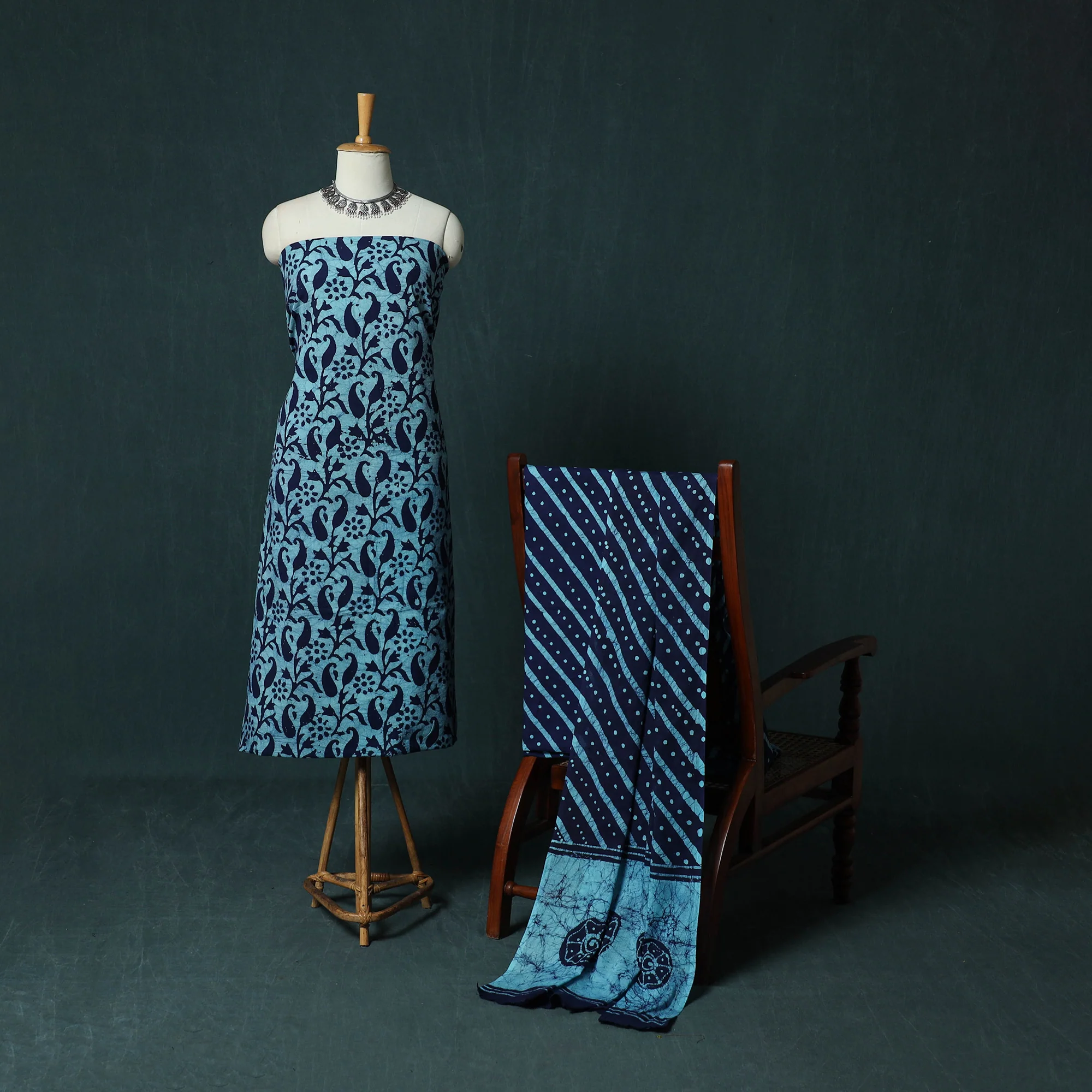 Blue - Kutch Hand Block Batik Print Cotton 3pc Unstitched Dress Material Suit Set 02 - Image 2
