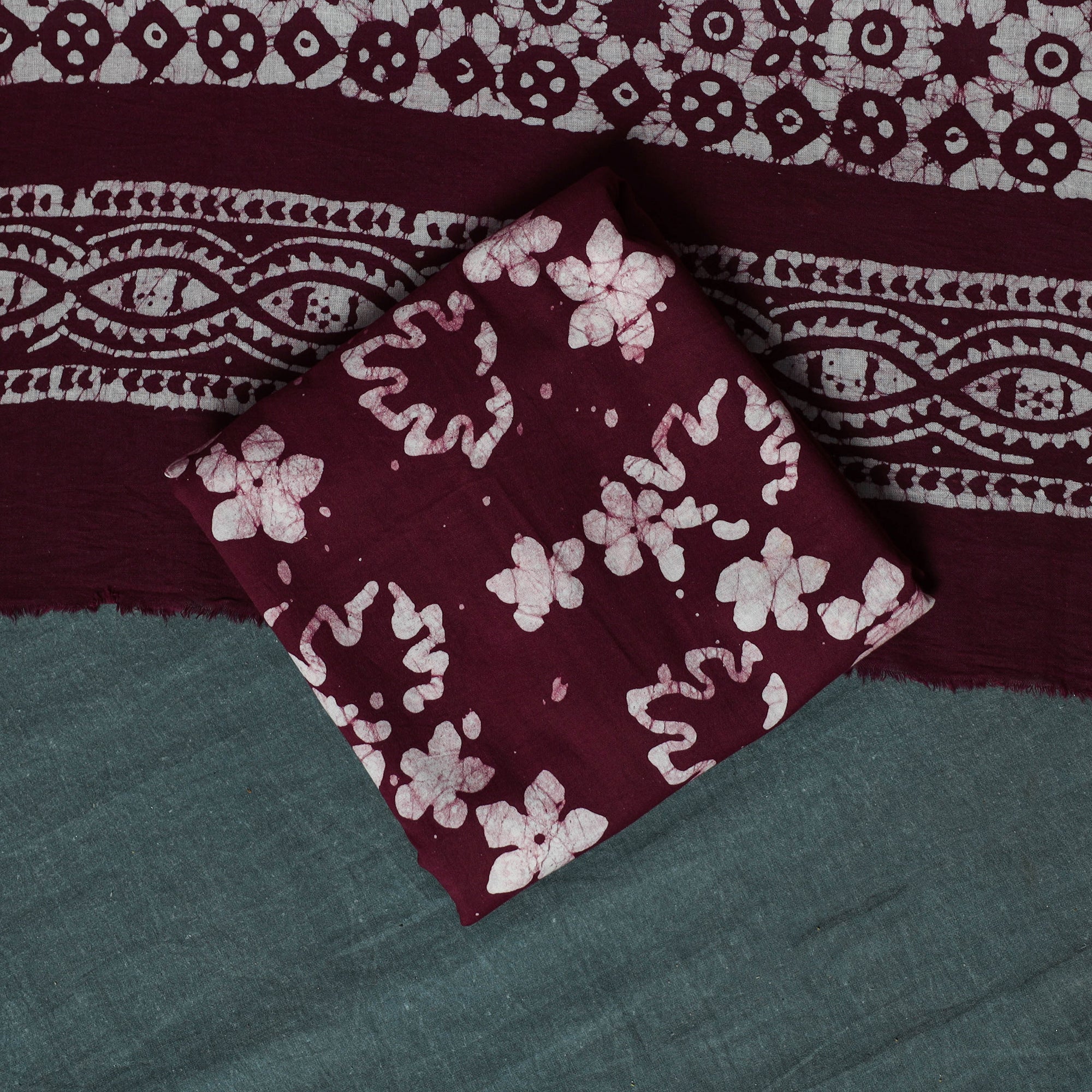 Maroon - Kutch Hand Block Batik Print Cotton 3pc Unstitched Dress Material Suit Set 04 - Image 5
