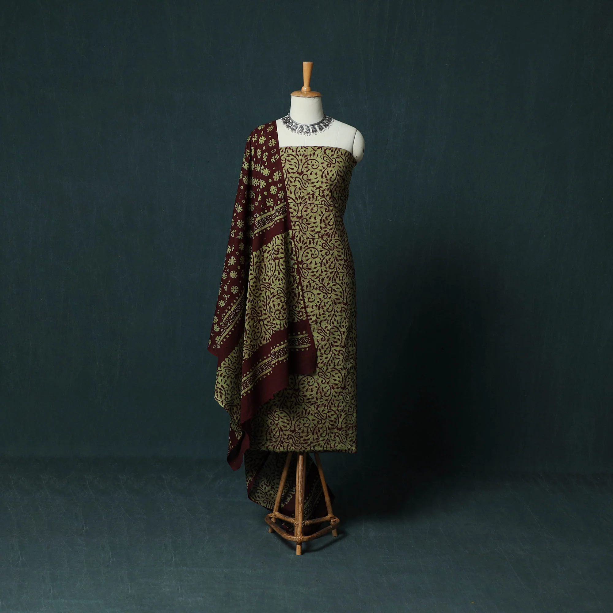 Green - Kutch Hand Block Batik Print Cotton 3pc Unstitched Dress Material Suit Set 09
