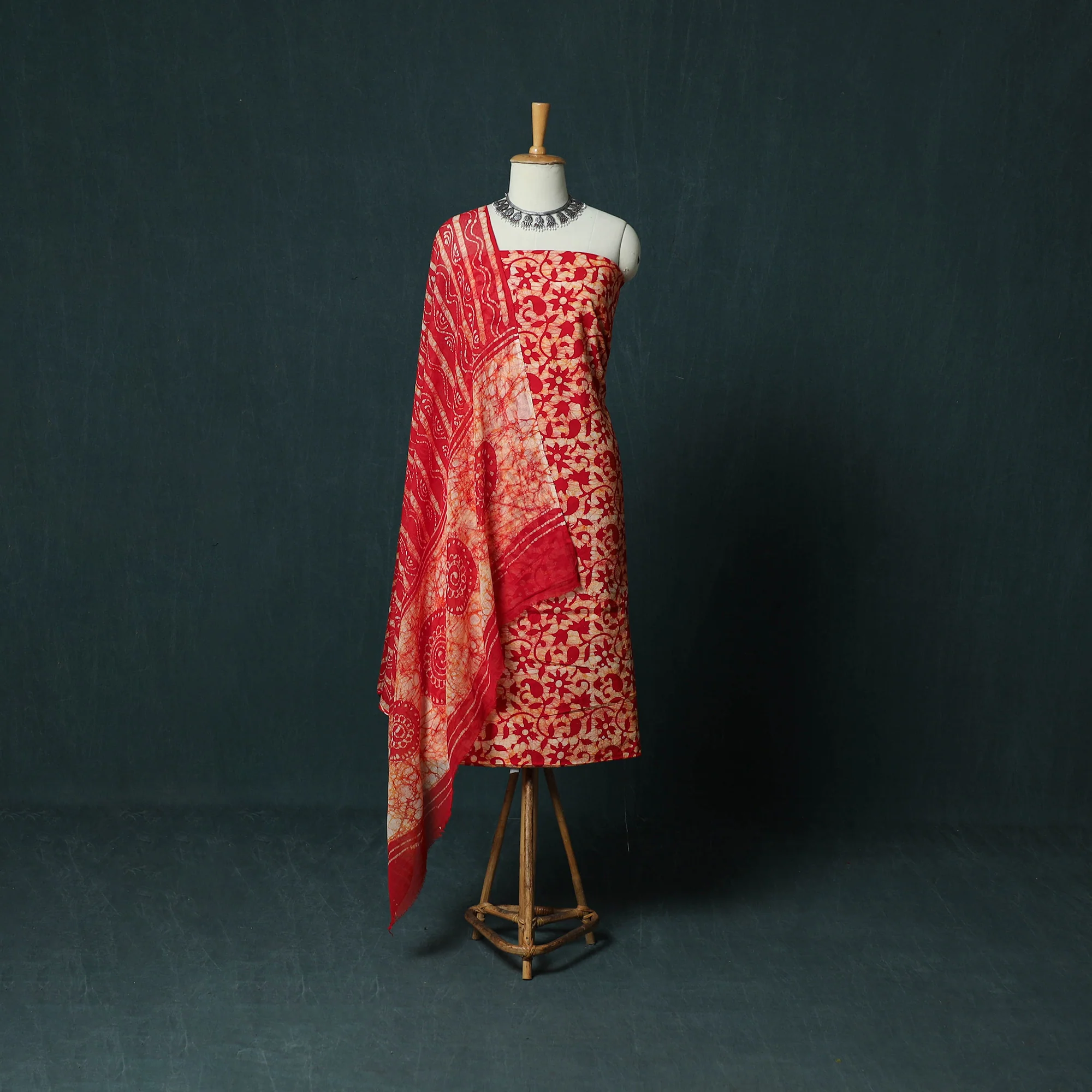 Red - Kutch Hand Block Batik Print Cotton 3pc Unstitched Dress Material Suit Set 10