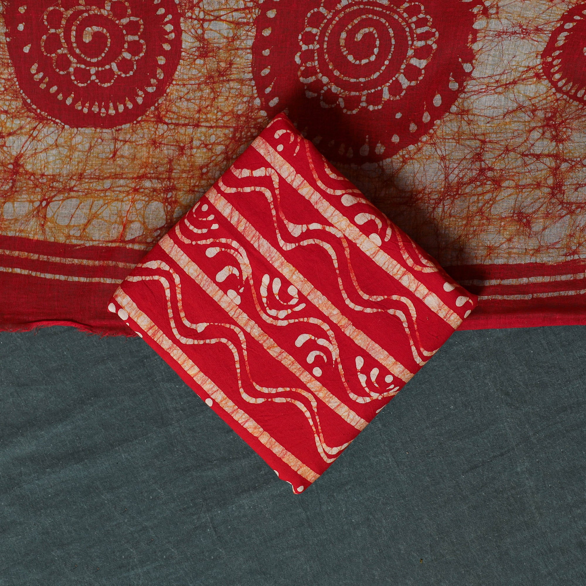 Red - Kutch Hand Block Batik Print Cotton 3pc Unstitched Dress Material Suit Set 10 - Image 5
