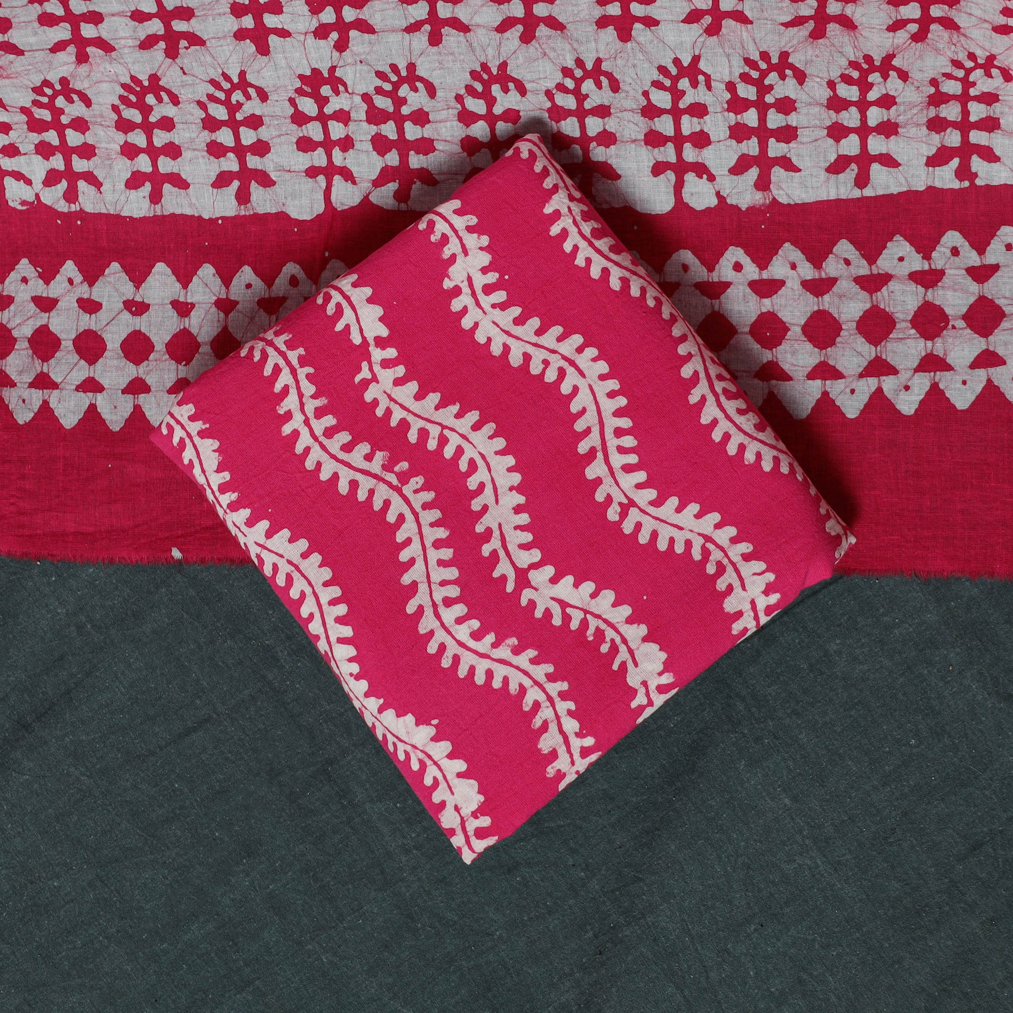 Pink - Kutch Hand Block Batik Print Cotton 3pc Unstitched Dress Material Suit Set 20 - Image 5