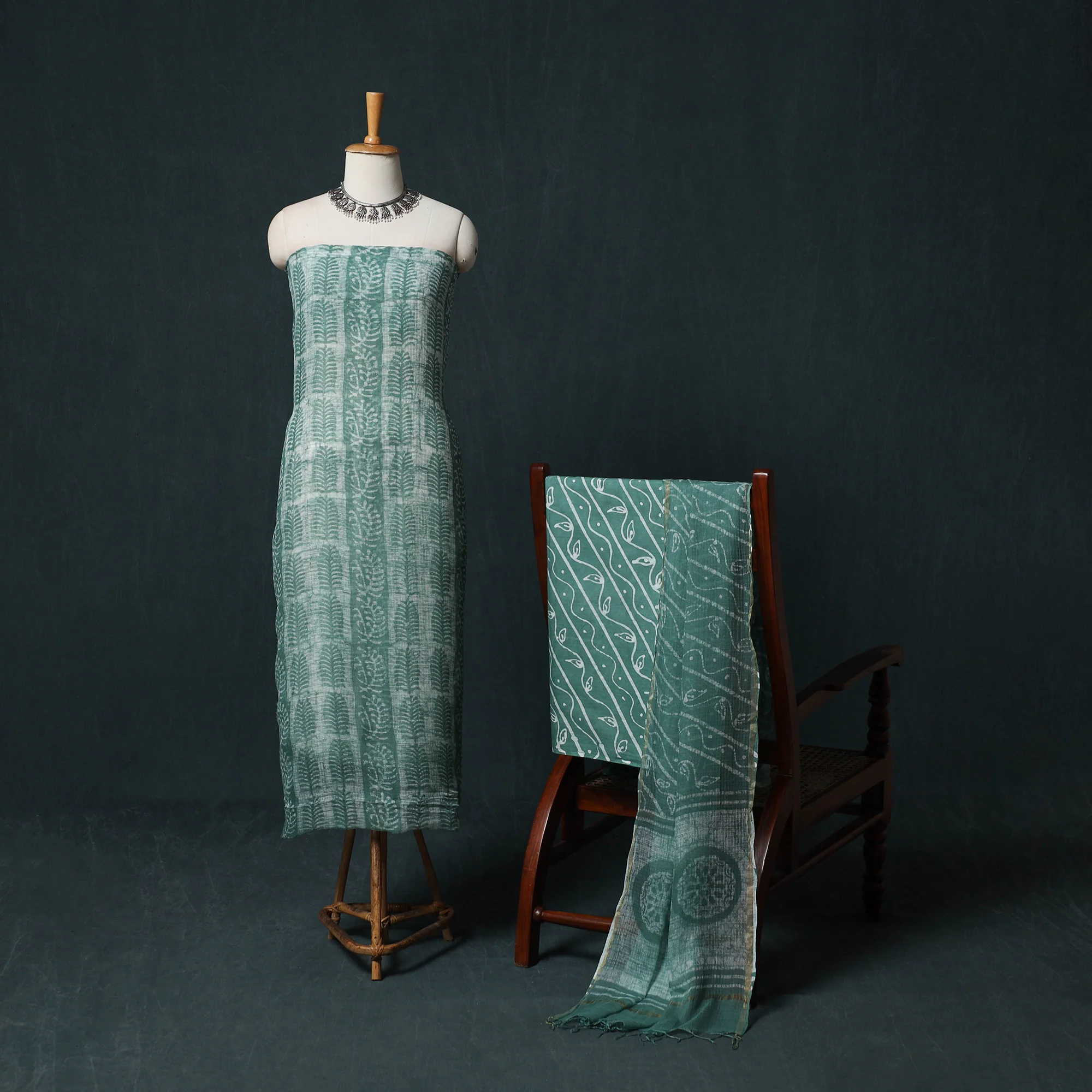 Green - Kutch Hand Block Batik Print Kota Doria Cotton 3pc Unstitched Dress Material Suit Set 09 - Image 2