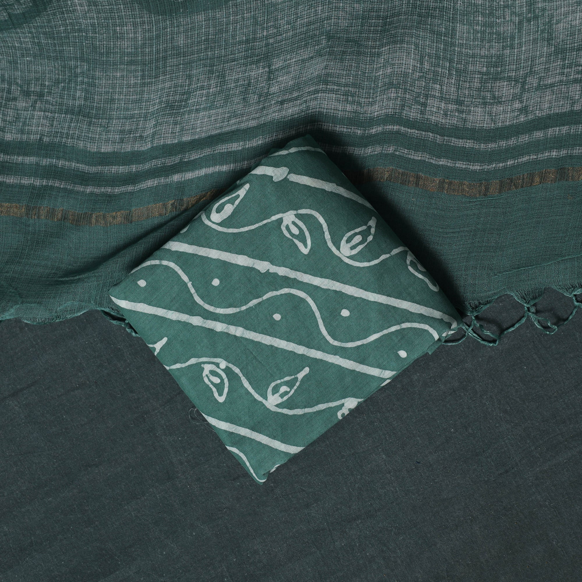Green - Kutch Hand Block Batik Print Kota Doria Cotton 3pc Unstitched Dress Material Suit Set 09 - Image 5
