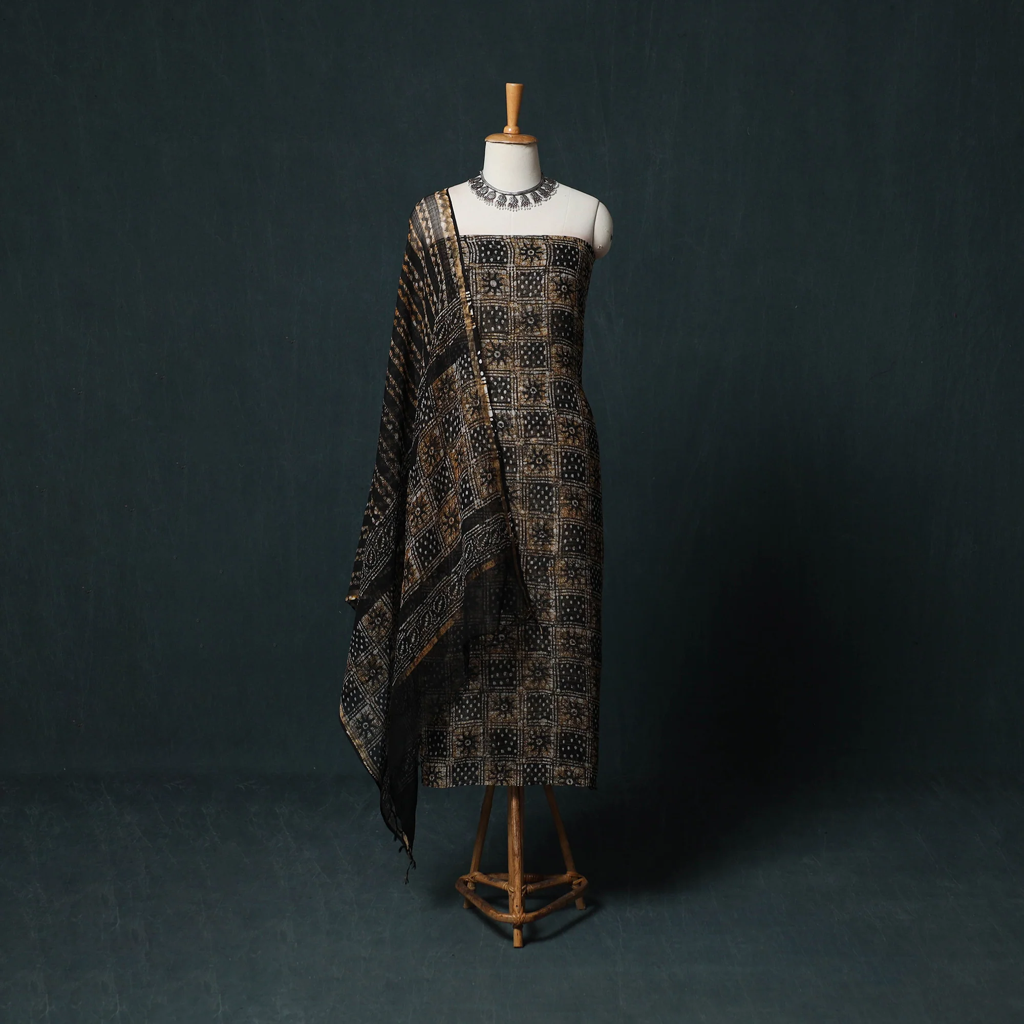 Black - Kutch Hand Block Batik Print Kota Doria Cotton 3pc Unstitched Dress Material Suit Set 10