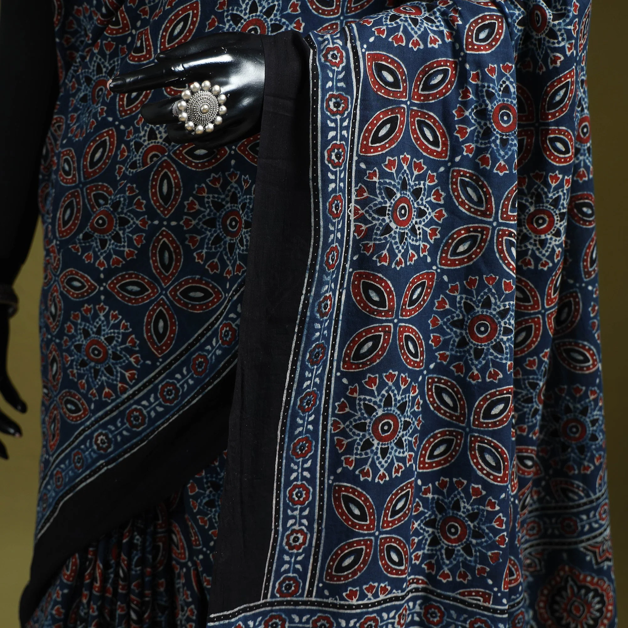 Blue - Kutch Hand Block Print Natural Dyed Pure Mul Cotton Ajrakh Saree with Tassels 01 - Image 3