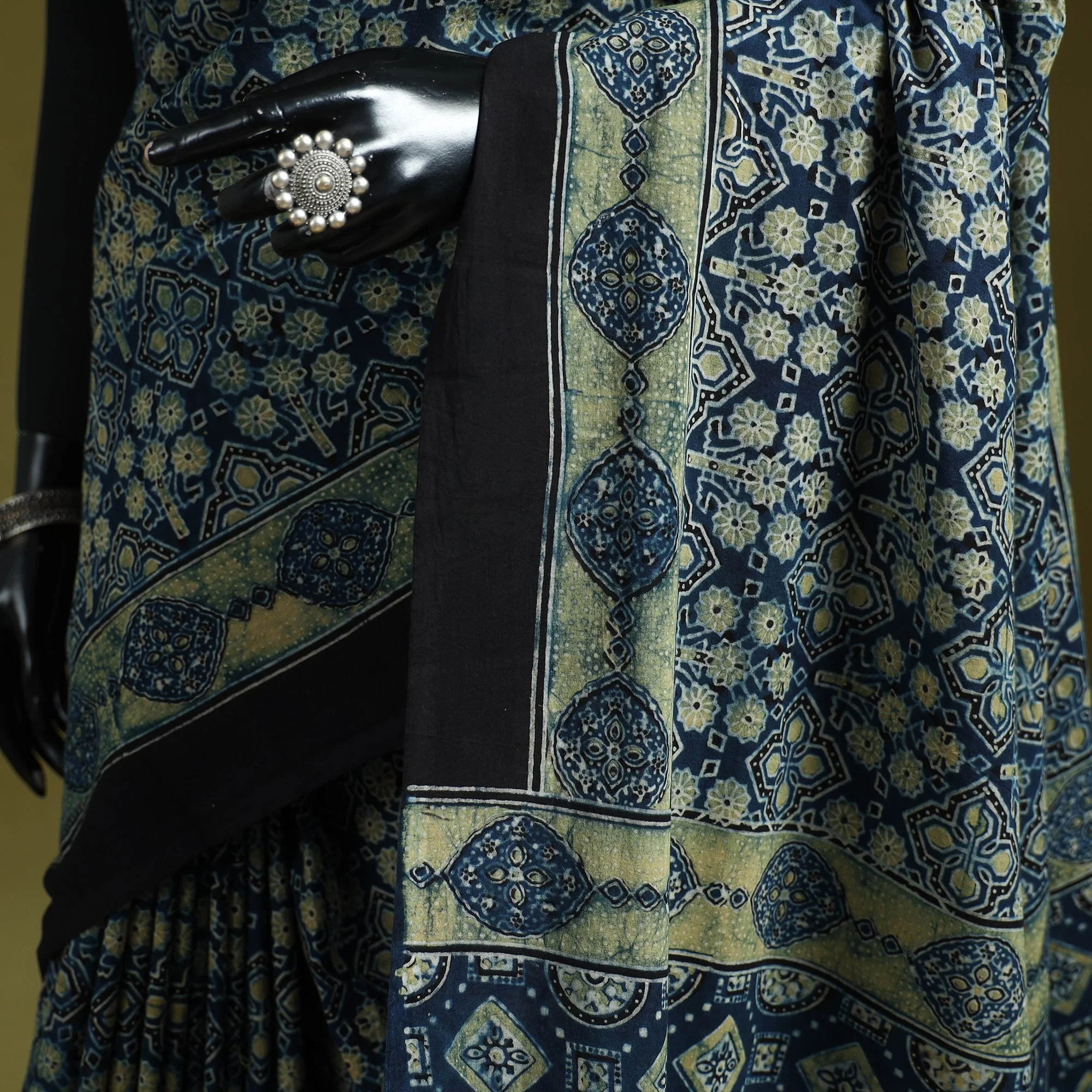 Blue - Kutch Hand Block Print Natural Dyed Pure Mul Cotton Ajrakh Saree with Tassels 07 - Image 3