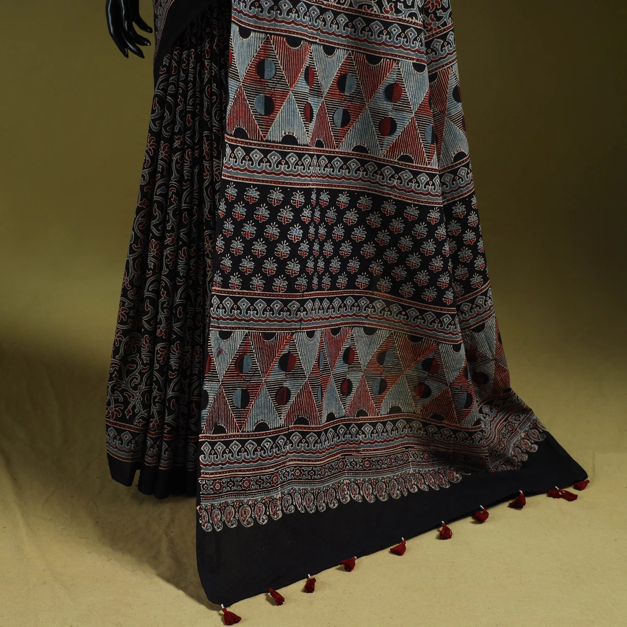 Black - Kutch Hand Block Print Natural Dyed Pure Mul Cotton Ajrakh Saree with Tassels 15 - Image 4