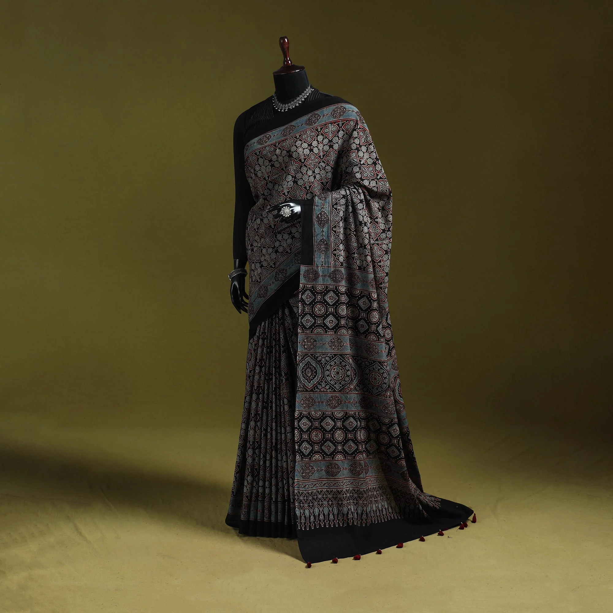 Black - Kutch Hand Block Print Natural Dyed Pure Mul Cotton Ajrakh Saree with Tassels 20