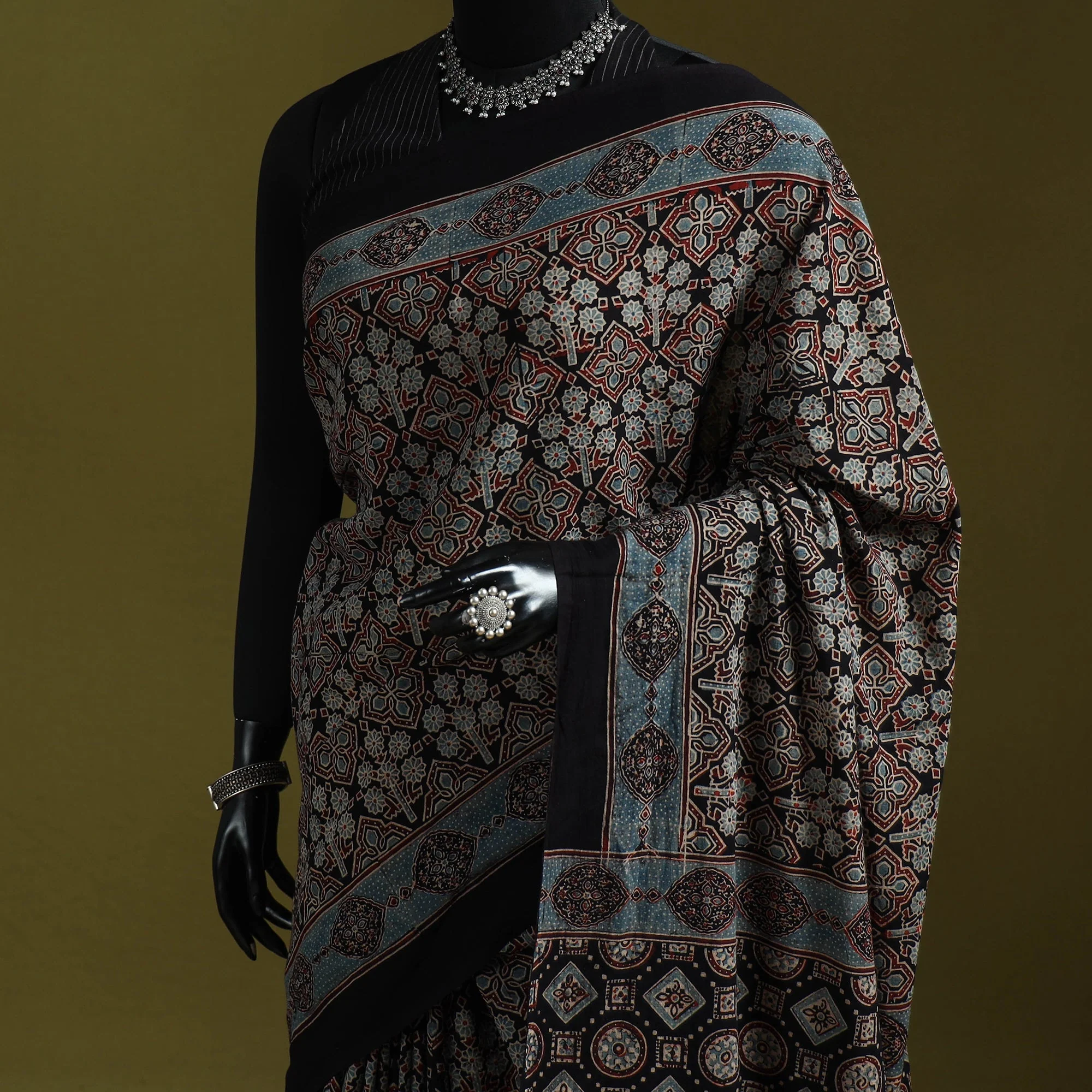 Black - Kutch Hand Block Print Natural Dyed Pure Mul Cotton Ajrakh Saree with Tassels 20 - Image 2