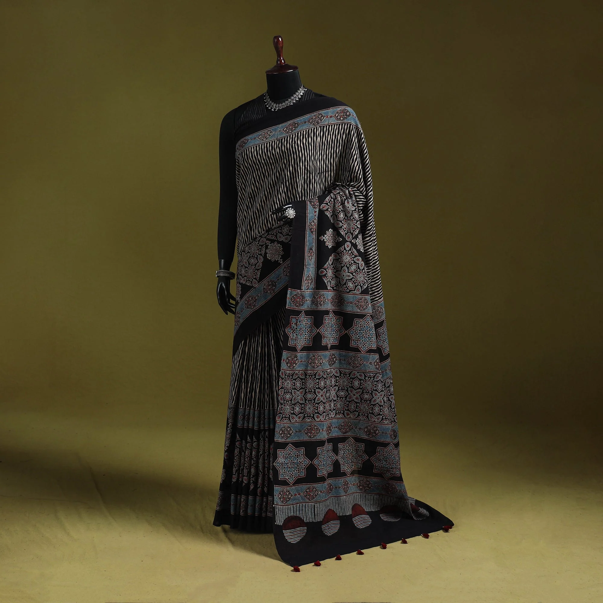 Black - Kutch Hand Block Print Natural Dyed Pure Mul Cotton Ajrakh Saree with Tassels 21