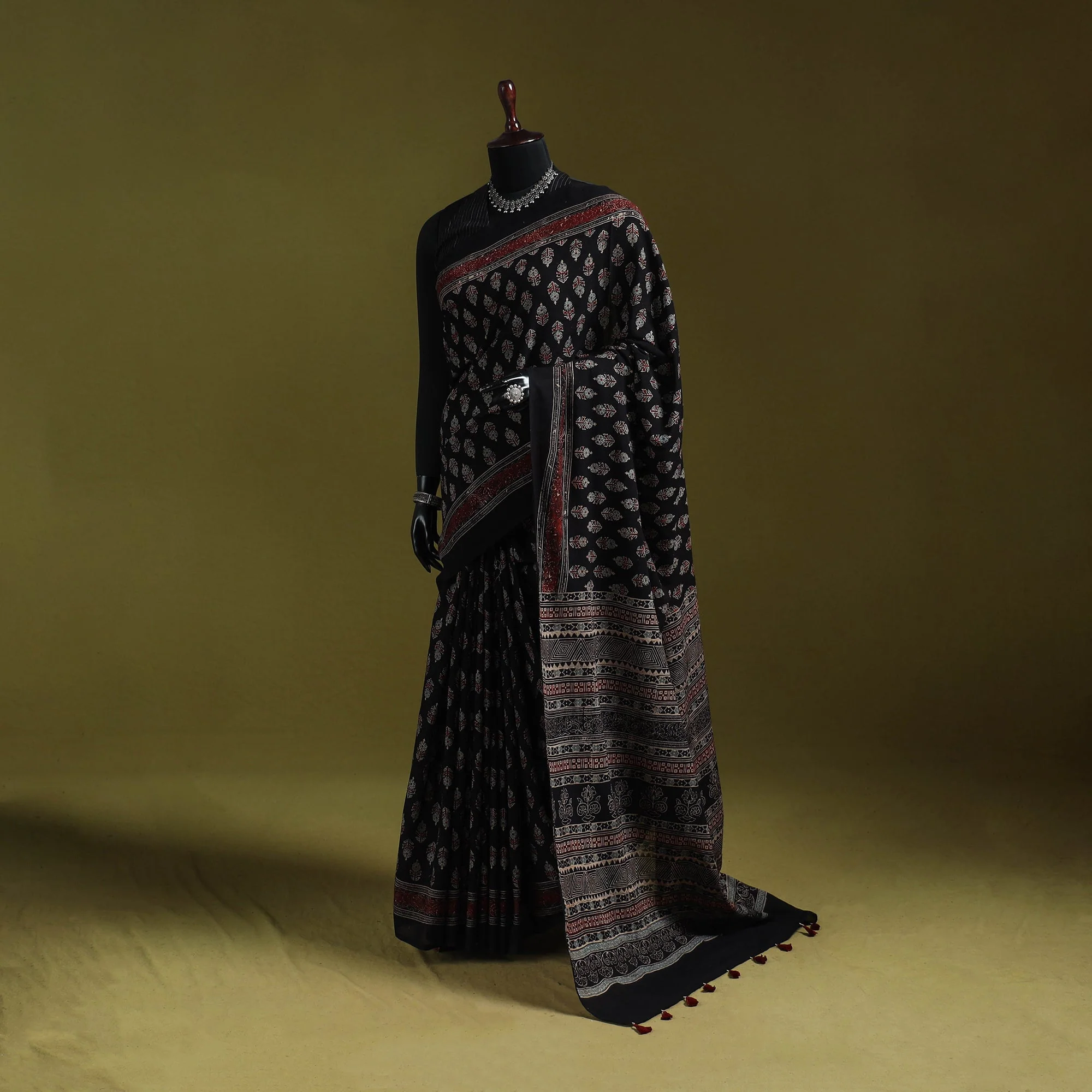 Black - Kutch Hand Block Print Natural Dyed Pure Mul Cotton Ajrakh Saree with Tassels 29