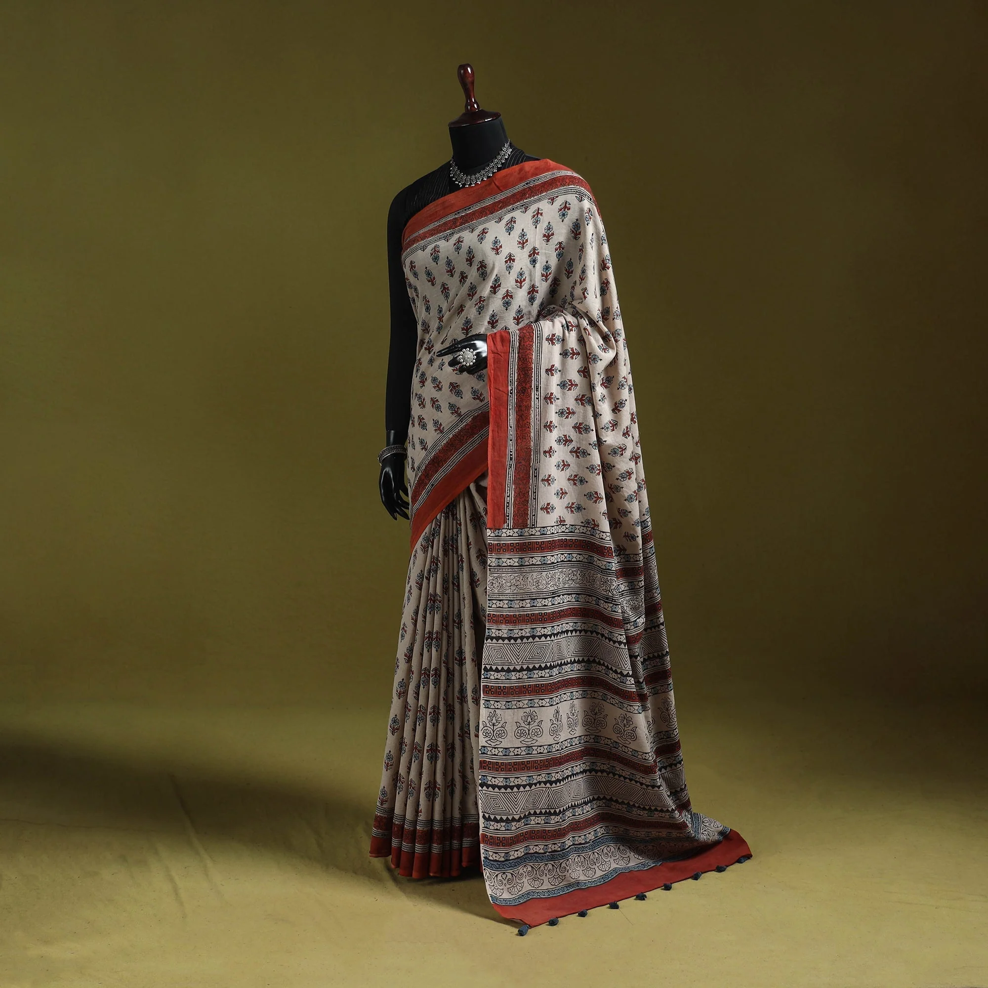 Beige - Kutch Hand Block Print Natural Dyed Pure Mul Cotton Ajrakh Saree with Tassels 30