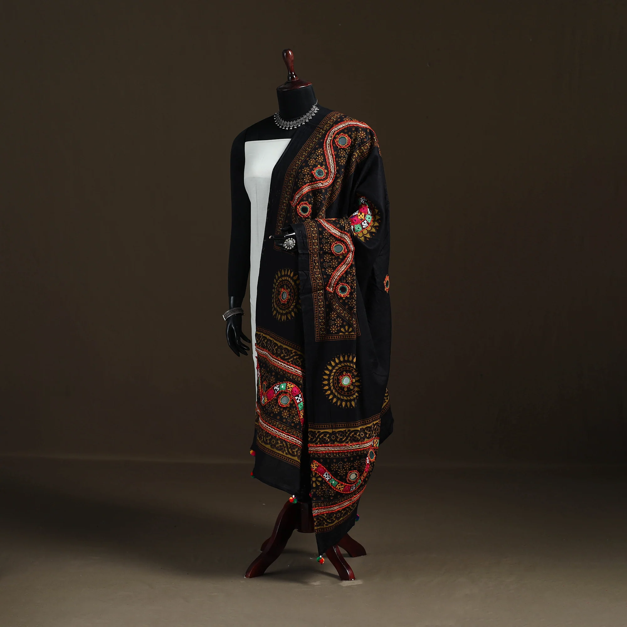 Black - Kutch Hand Embroidered Mirror Work Printed Cotton Dupatta 01