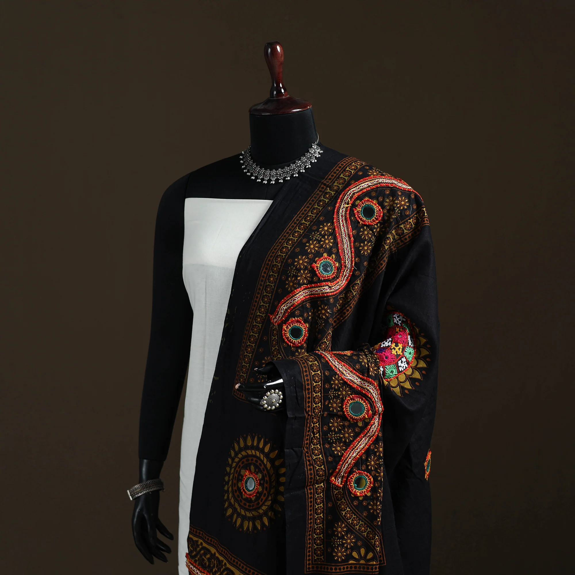Black - Kutch Hand Embroidered Mirror Work Printed Cotton Dupatta 01 - Image 2