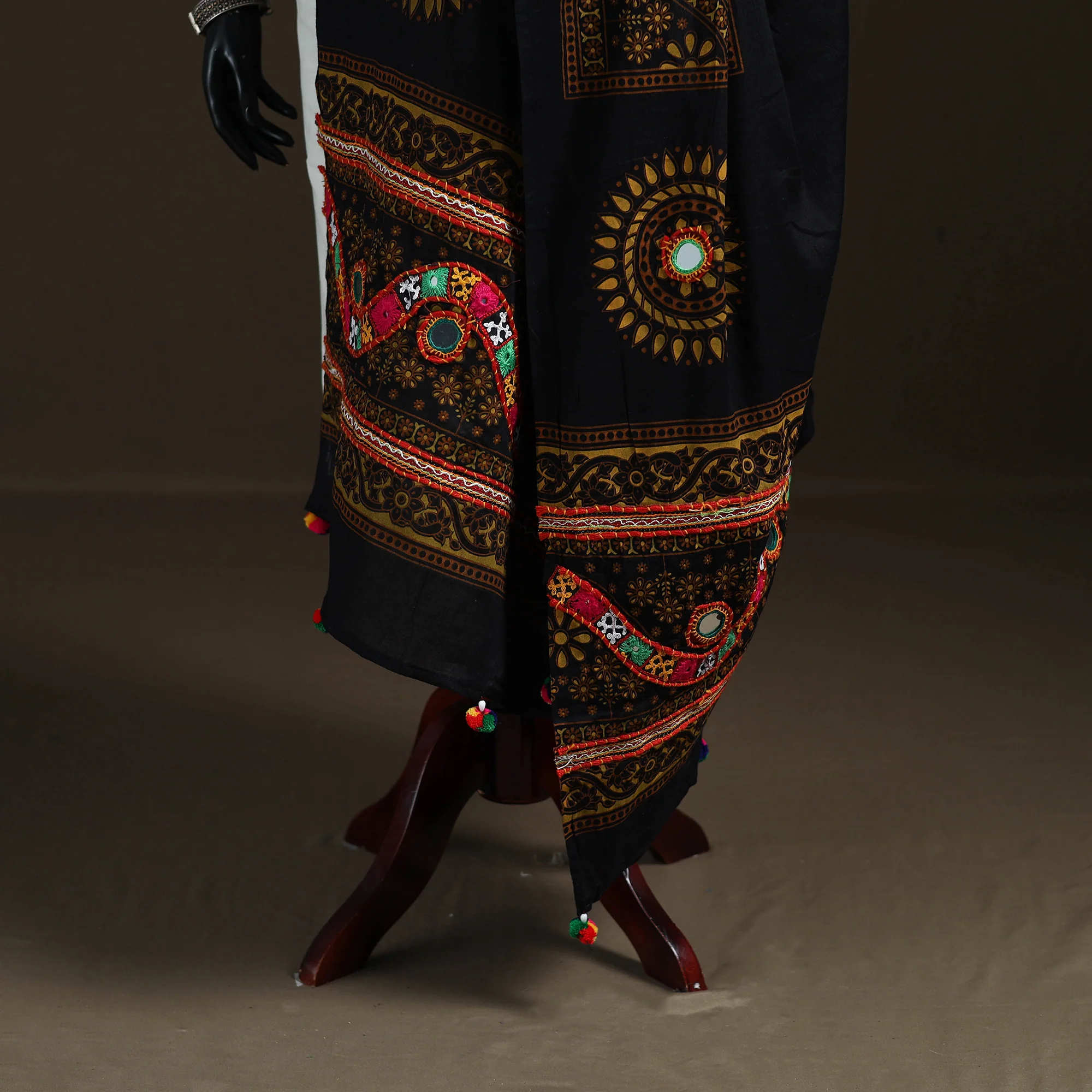 Black - Kutch Hand Embroidered Mirror Work Printed Cotton Dupatta 01 - Image 4