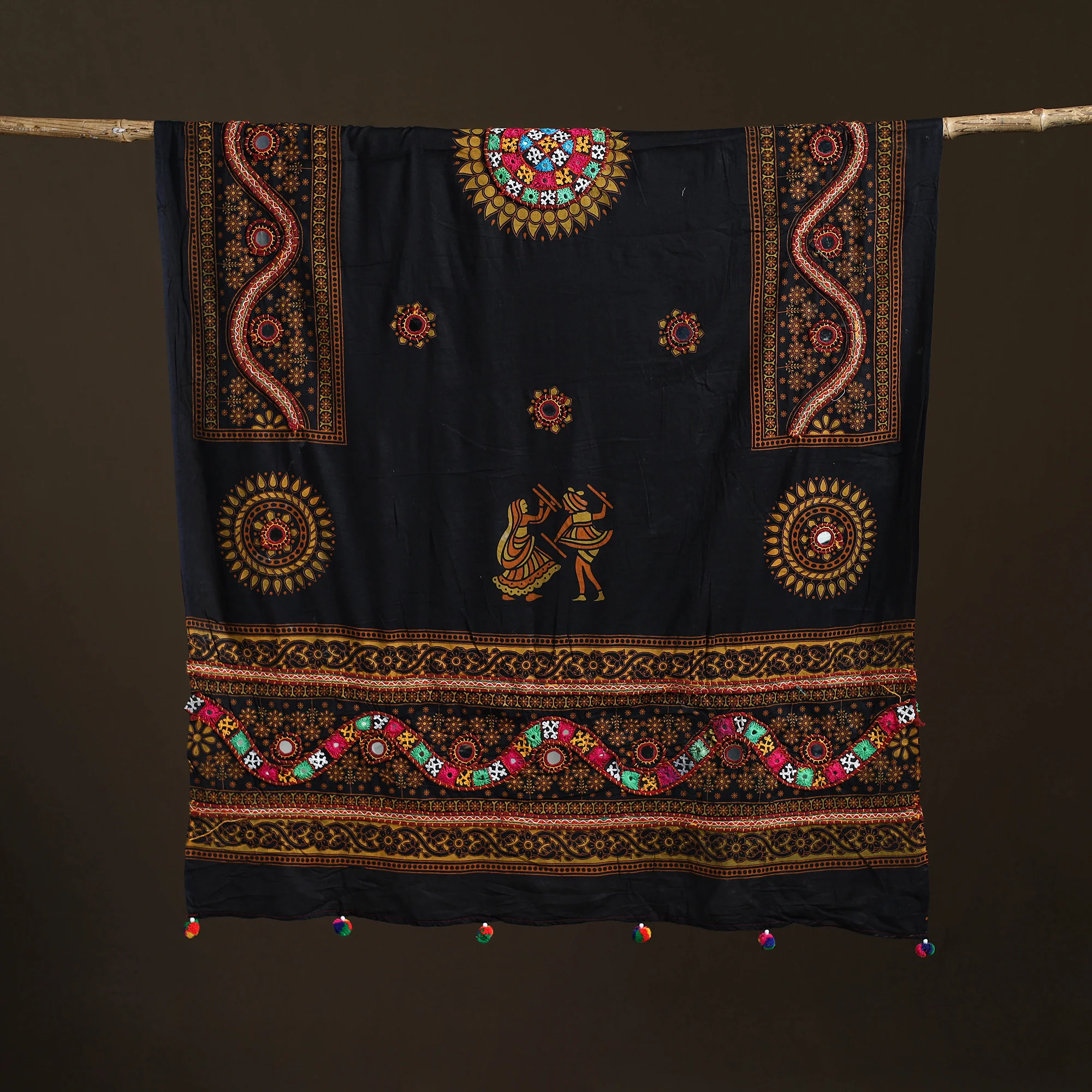 Black - Kutch Hand Embroidered Mirror Work Printed Cotton Dupatta 01 - Image 5