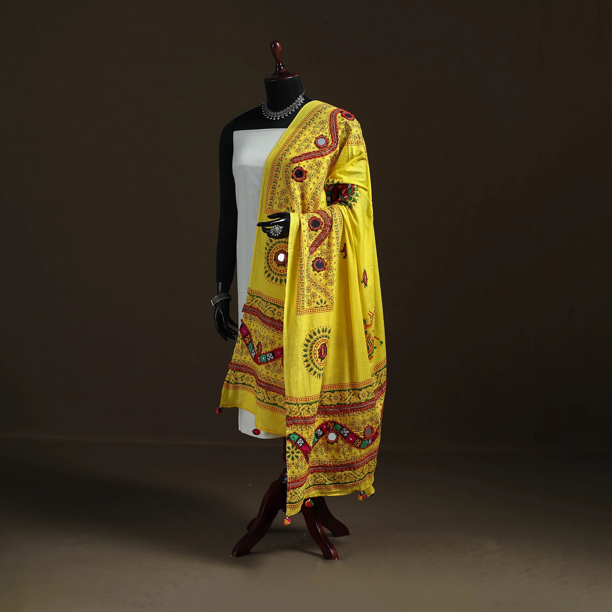 Yellow - Kutch Hand Embroidered Mirror Work Printed Cotton Dupatta 02