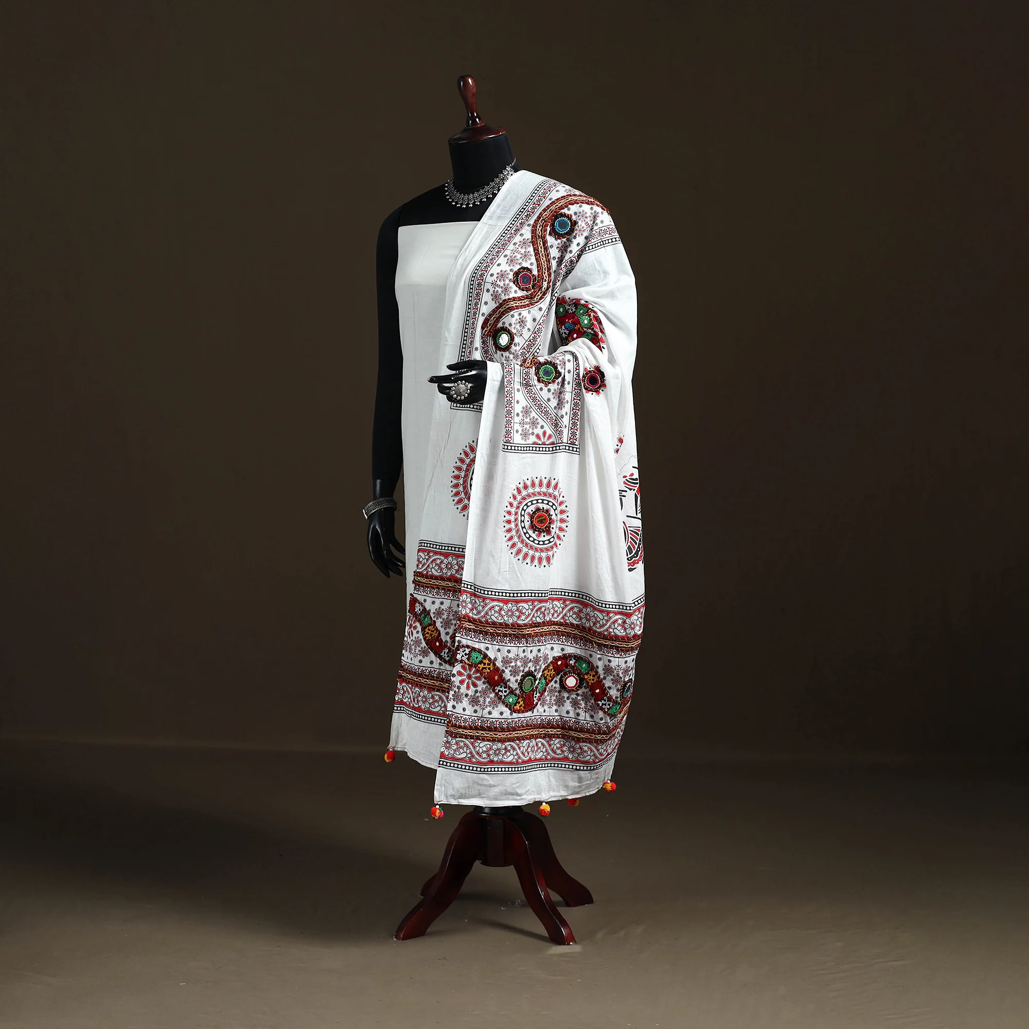 White - Kutch Hand Embroidered Mirror Work Printed Cotton Dupatta 03