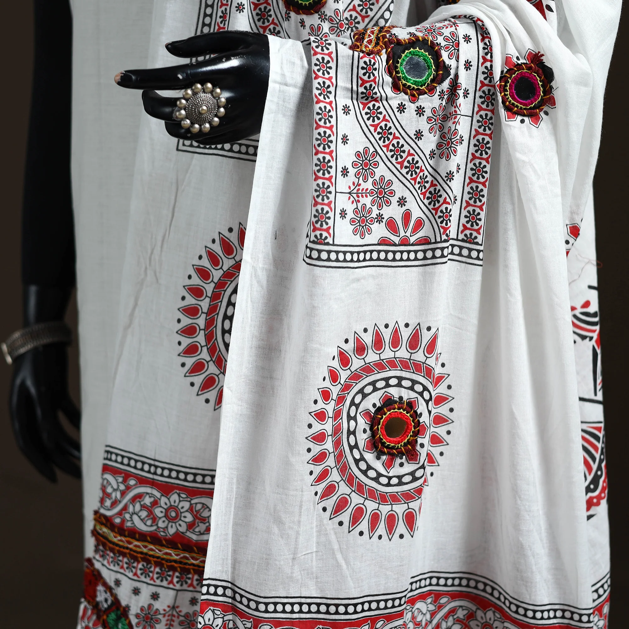White - Kutch Hand Embroidered Mirror Work Printed Cotton Dupatta 03 - Image 3