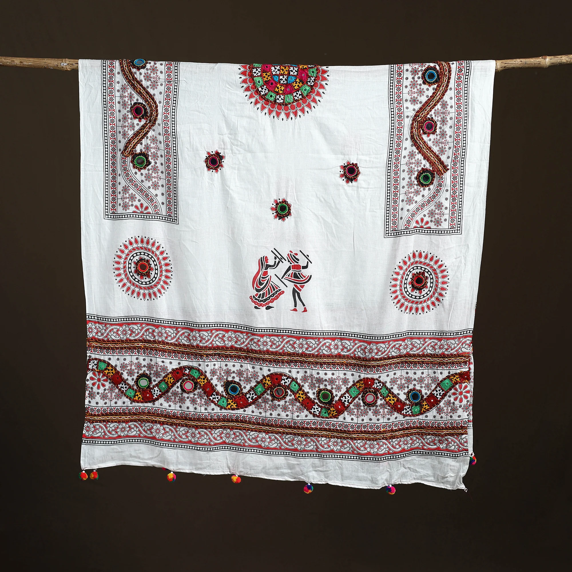 White - Kutch Hand Embroidered Mirror Work Printed Cotton Dupatta 03 - Image 5
