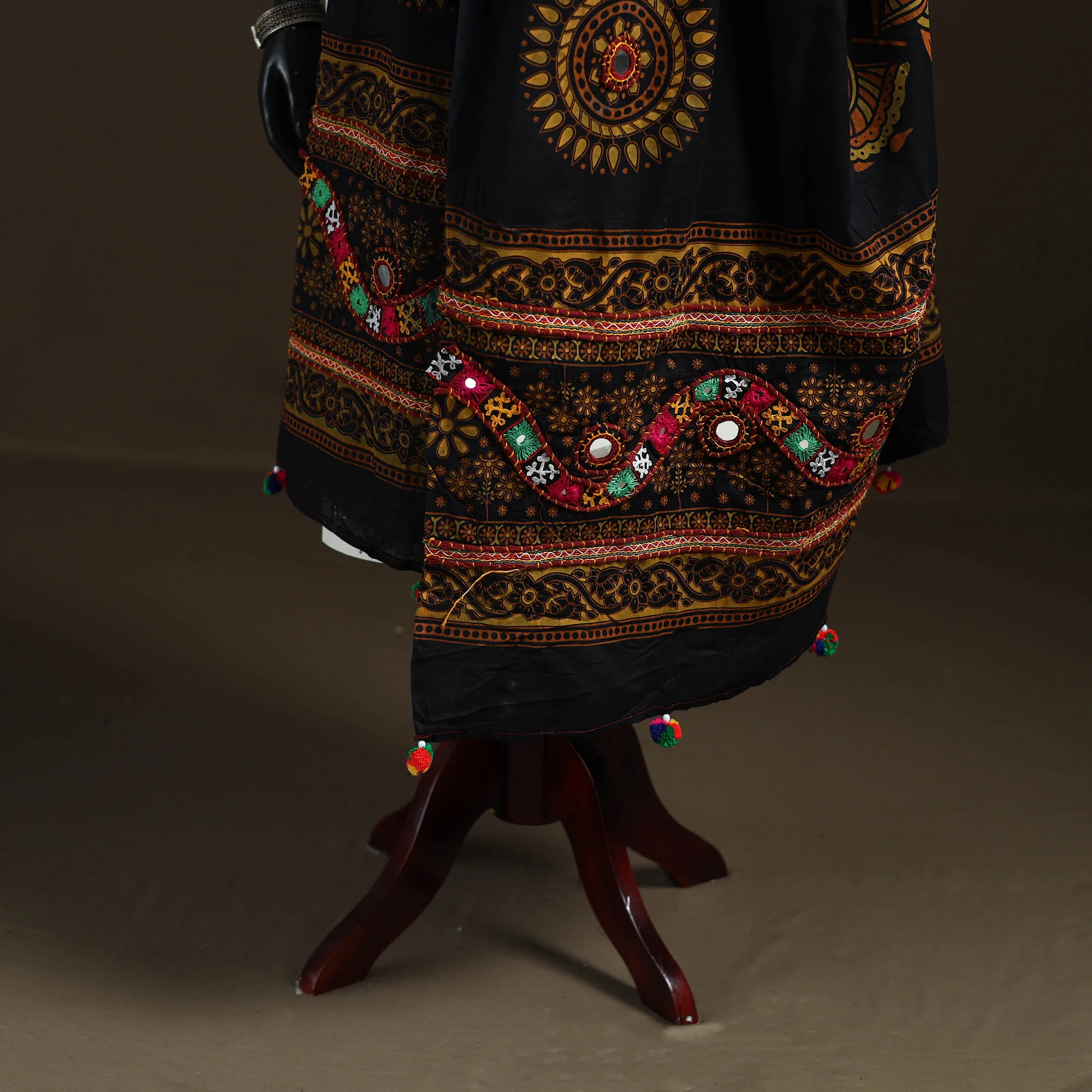 Black - Kutch Hand Embroidered Mirror Work Printed Cotton Dupatta 13 - Image 4