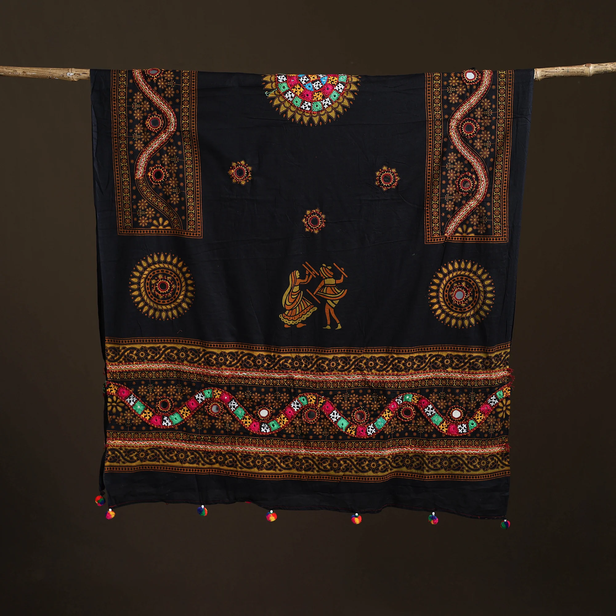 Black - Kutch Hand Embroidered Mirror Work Printed Cotton Dupatta 13 - Image 5